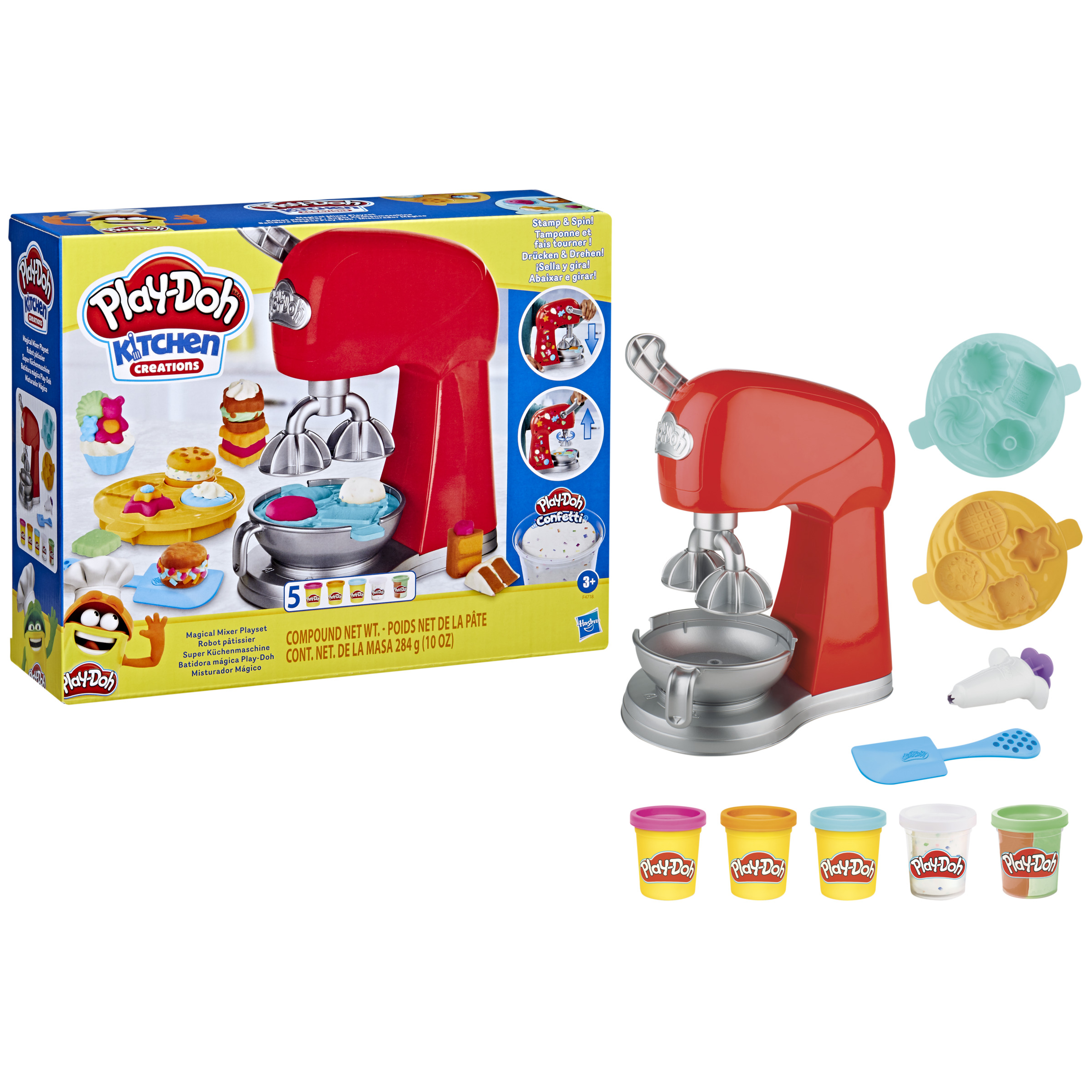 Play-Doh Kitchen Creations Set. Enthält einen roten Mixer, Knete und Formen. Weißer Hintergrund.