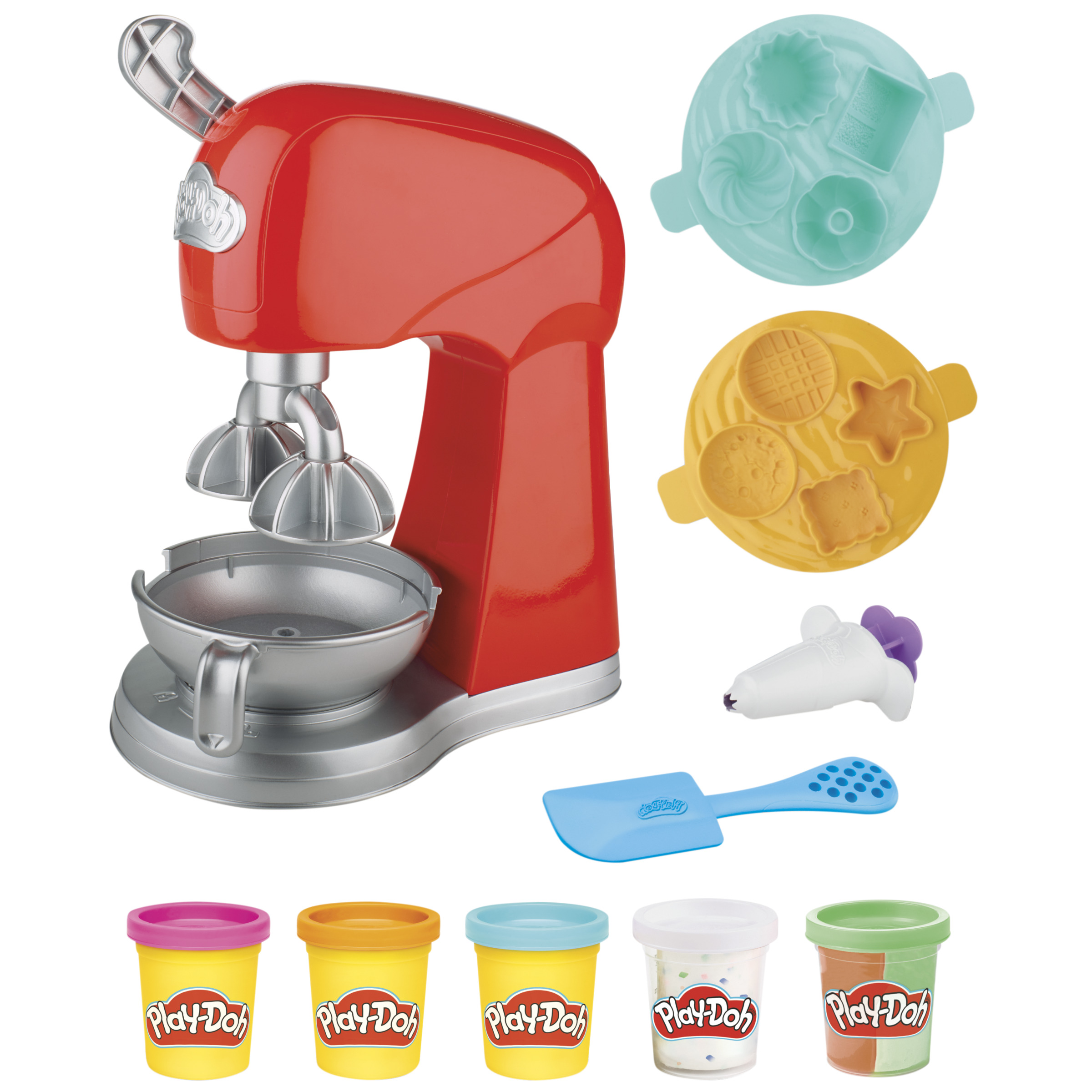 Roter Play-Doh Mixer, Formen, Werkzeuge und bunte Play-Doh-Tuben auf weißem Grund.