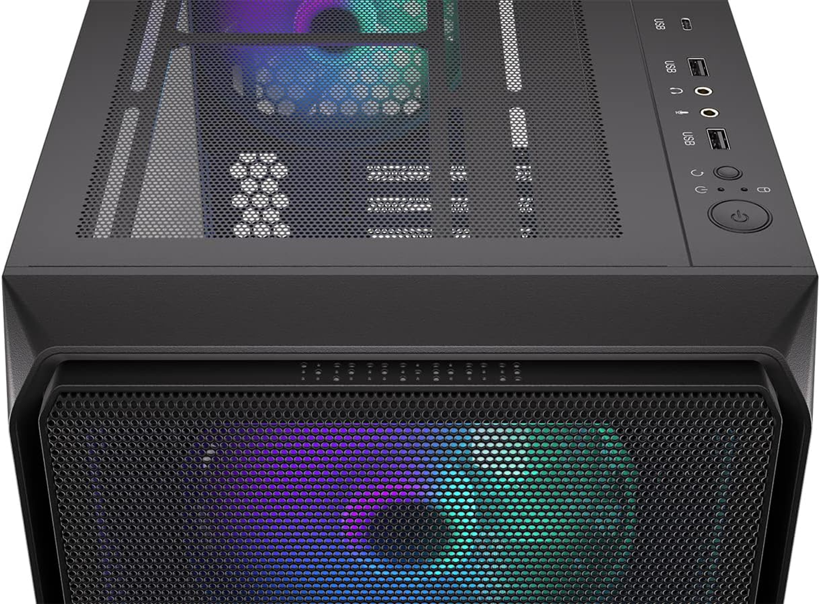Czarna obudowa komputera, przedni panel z siatki. Widoczne komponenty wewnętrzne. Widok z góry.
