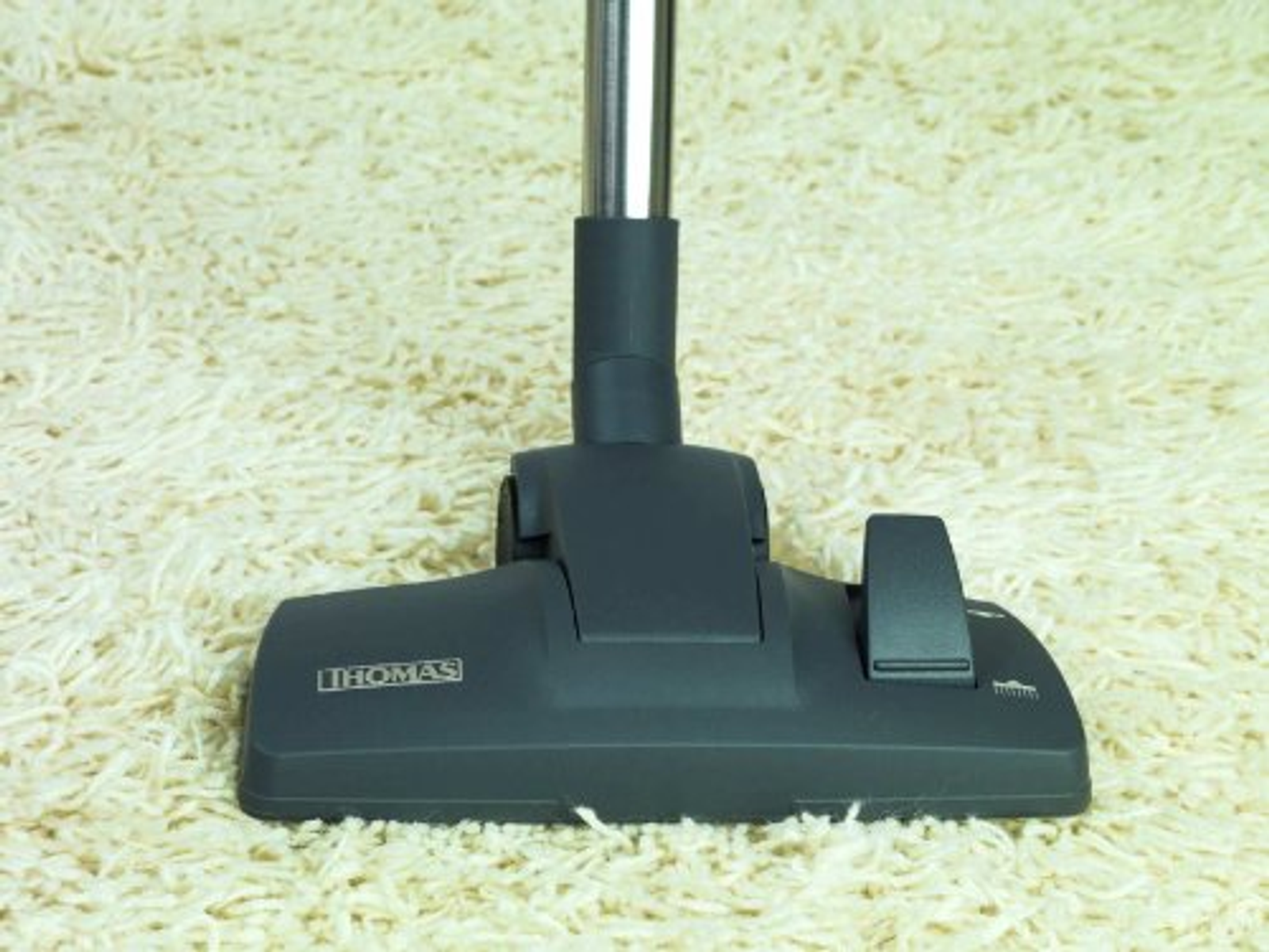 Głowica odkurzacza na białym dywanie. Szara głowica z napisem 'THOMAS' i metalową rurą.