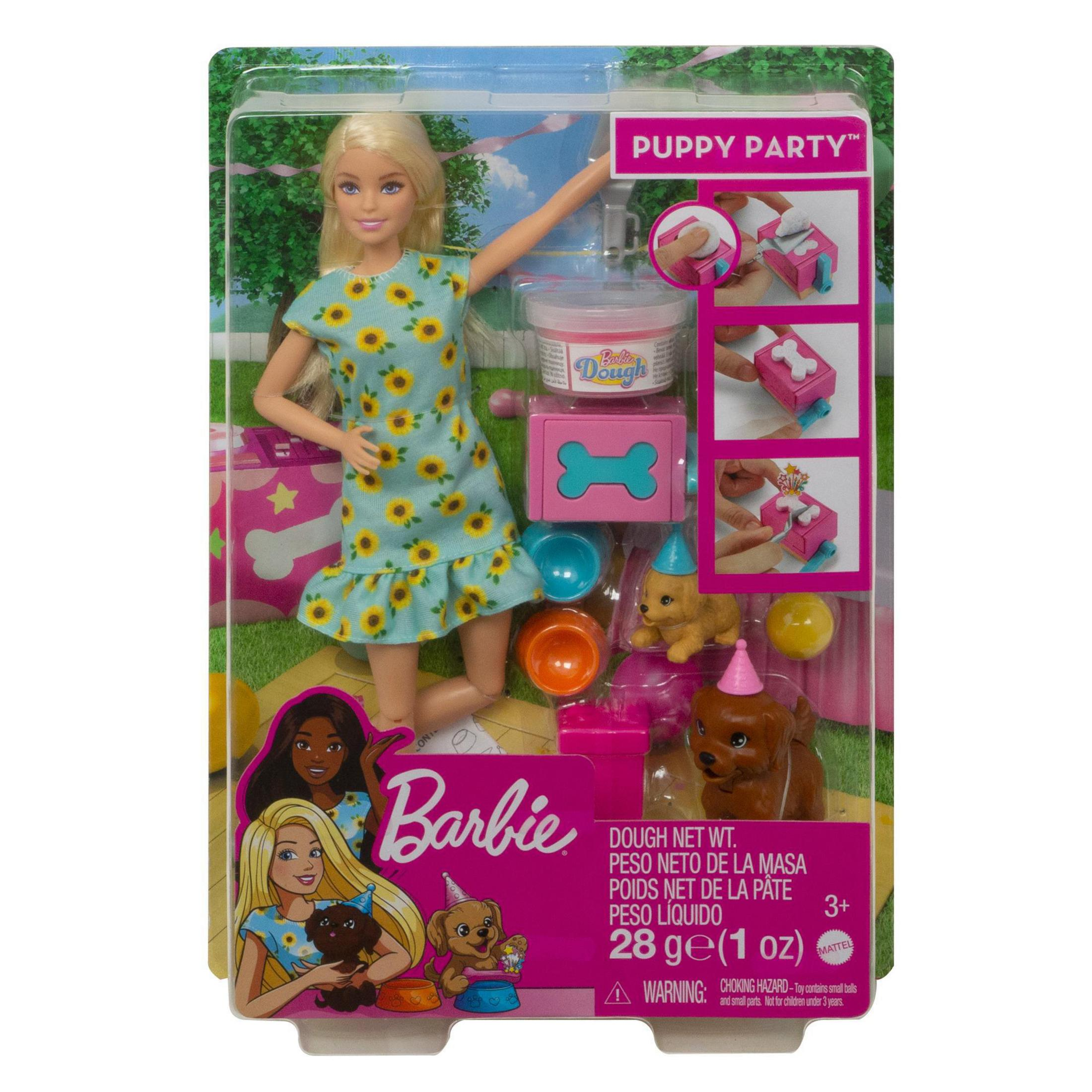 Zestaw lalek Barbie z lalką, akcesoriami i opakowaniem. Barbie w sukience, impreza szczeniąt.
