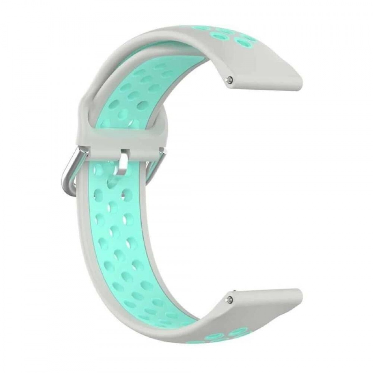 Ein weißes und grünes Uhrenarmband mit einer silbernen Schnalle auf weißem Hintergrund.