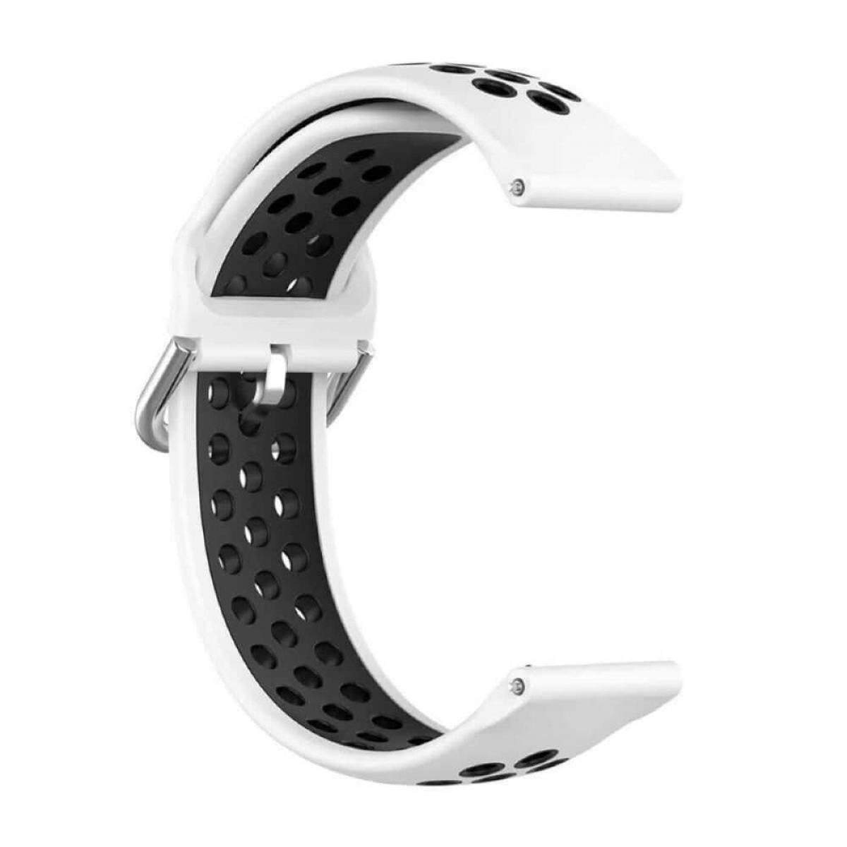 Weißes und schwarzes Uhrenarmband. Das Armband ist gebogen, mit einer strukturierten schwarzen Innenseite.
