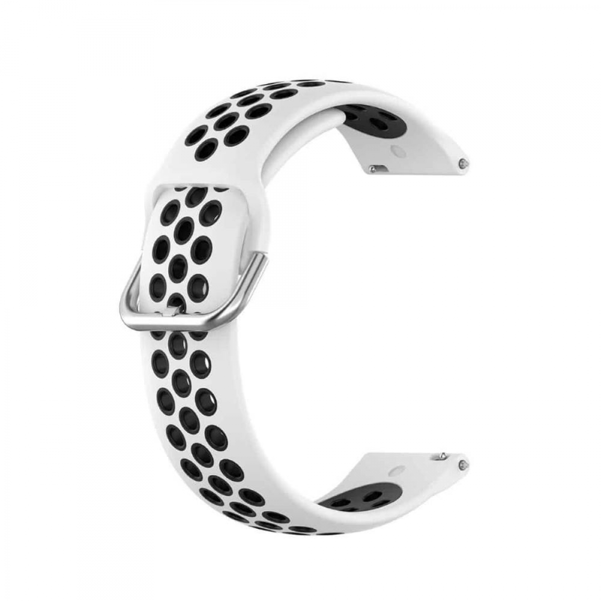 Weißes Uhrenarmband mit schwarzen Punkten. Weiße und schwarze Farben, Nahaufnahme, weißer Hintergrund.