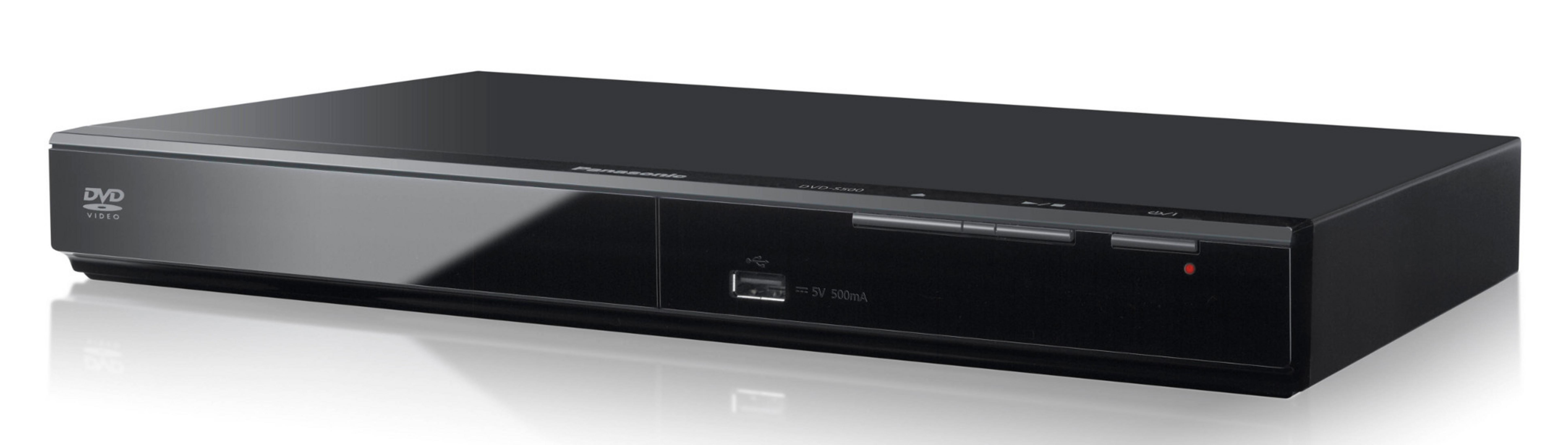 Czarny odtwarzacz DVD na białej powierzchni, ze srebrnym panelem przednim i portem USB.