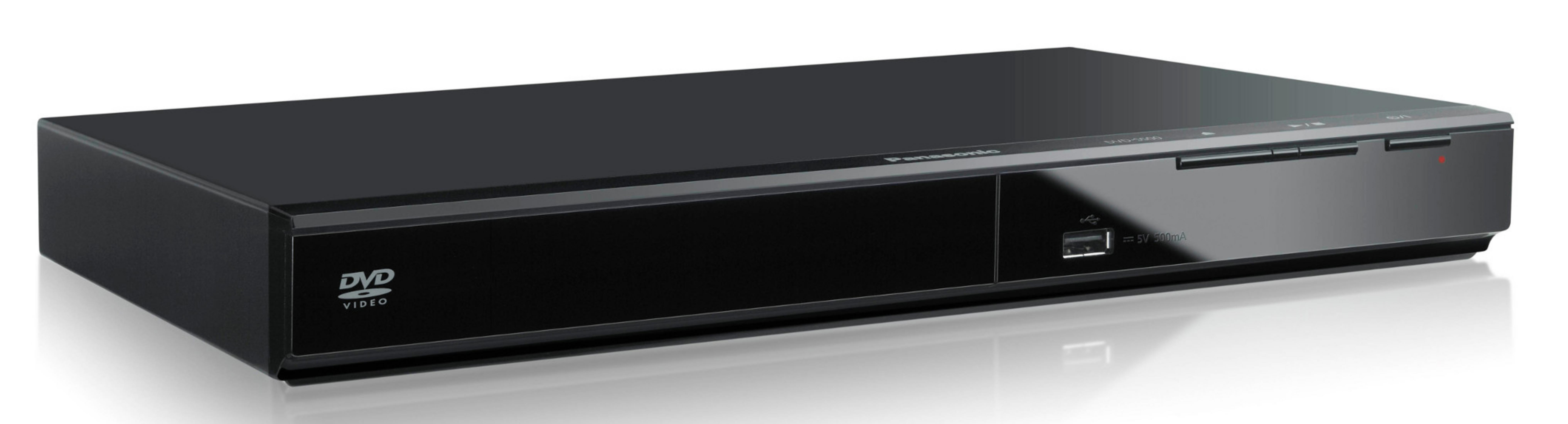 Czarny odtwarzacz DVD z logo DVD Video na białej powierzchni.