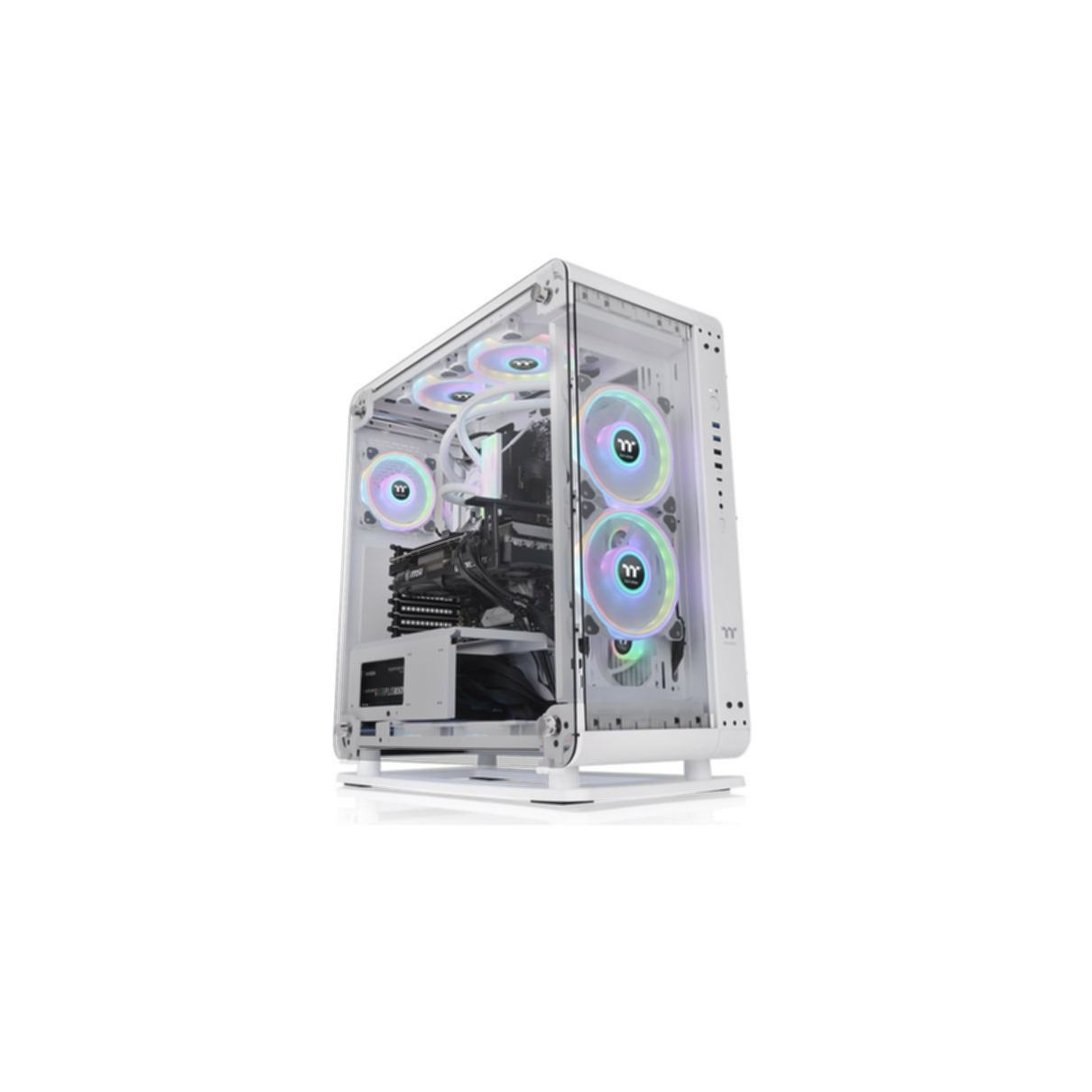 Case computer bianco con componenti interni e ventole colorate.