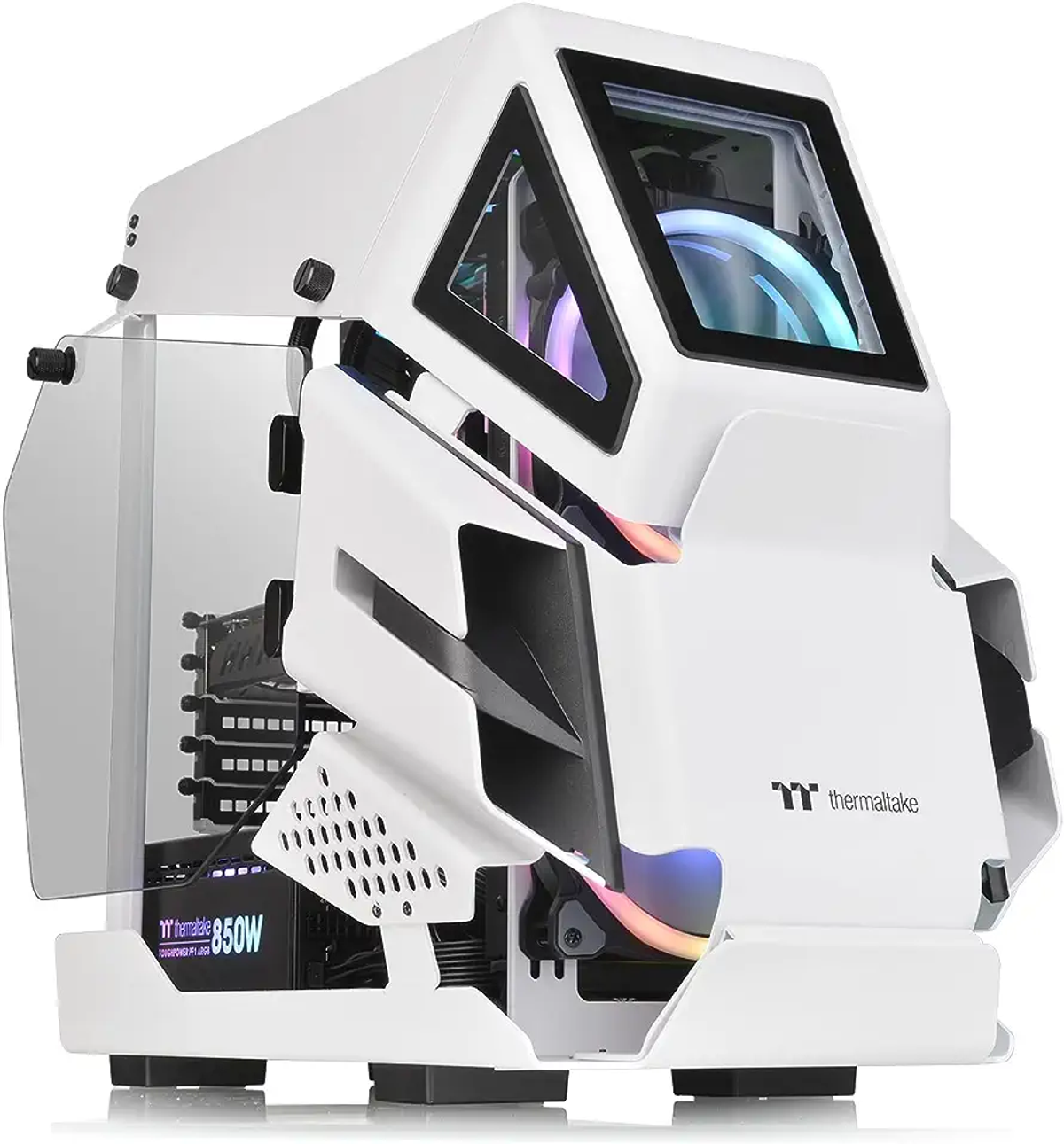 Case PC da gioco bianco con pannello in vetro, componenti interni visibili, sfondo nero.