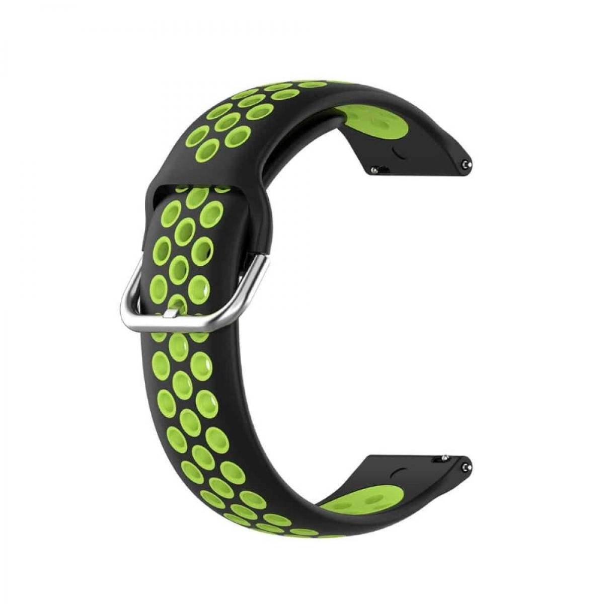 Schwarzes Uhrenarmband mit neongrünen Kreisen. Das Armband hat eine silberne Schnalle.