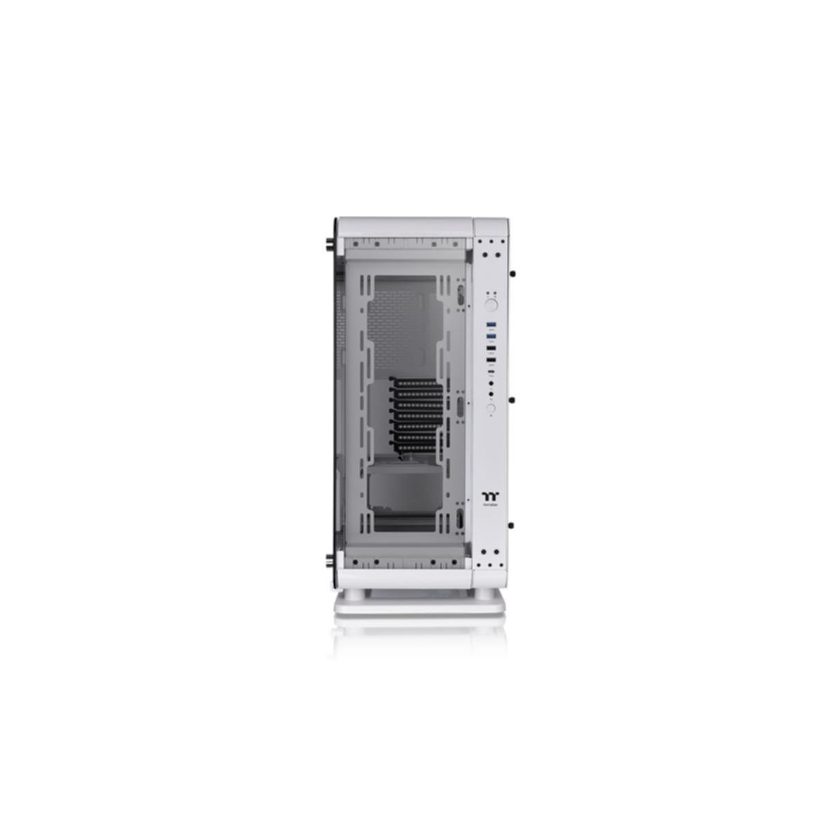 Case per computer bianco con pannello laterale trasparente. Componenti interni visibili.