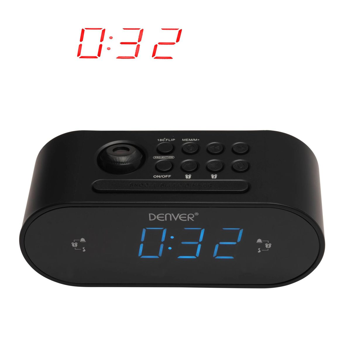 Czarny budzik cyfrowy pokazujący 0:32. Na górze przyciski, obiektyw projekcyjny. Niebieskie cyfry.