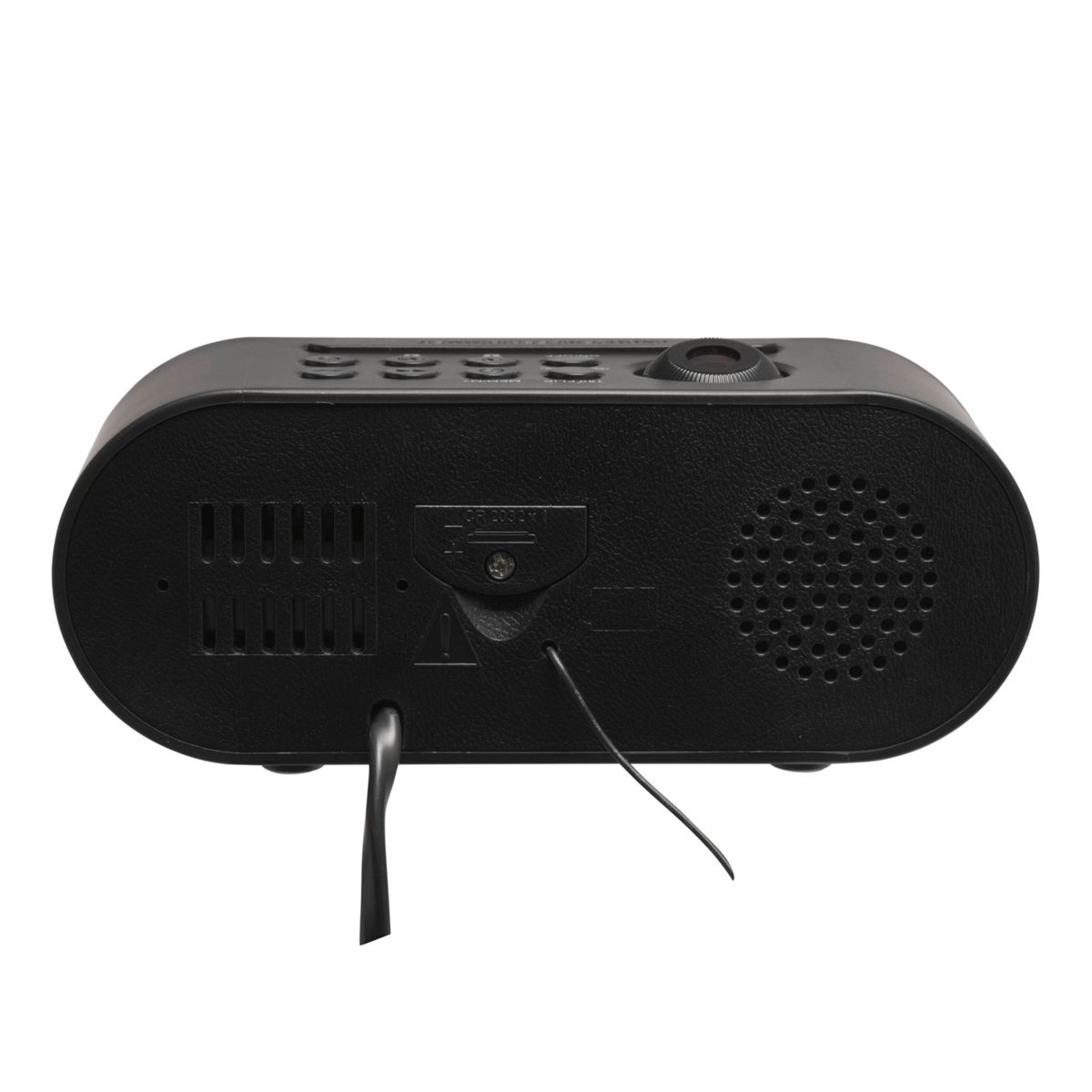 Czarny, cyfrowy budzik w stylu retro z przyciskami, głośnikiem i przewodem zasilającym.