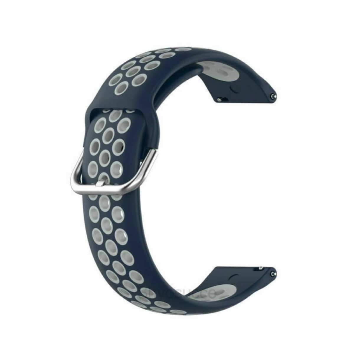 Ein dunkelblaues Smartwatch-Armband mit silberner Schnalle, mit perforiertem Design.
