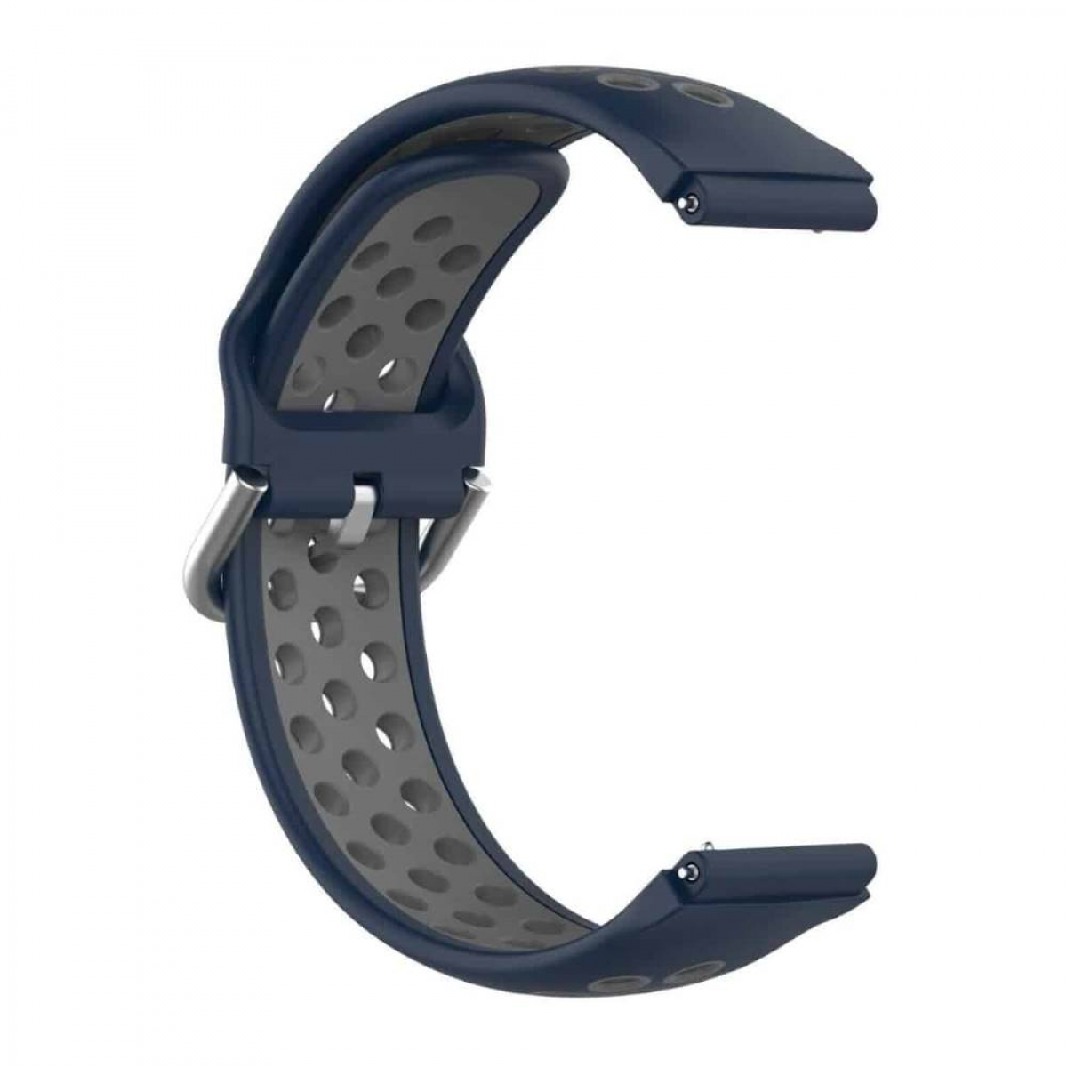 Blaues Uhrenarmband mit grauem Innenraum und Löchern.