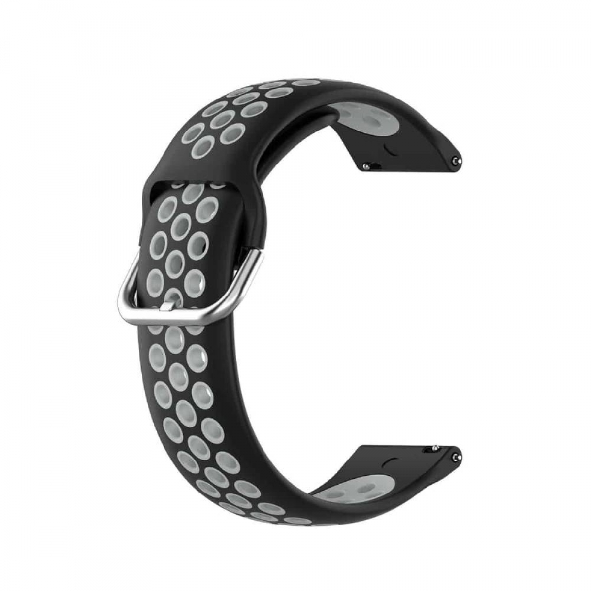 Schwarzes Uhrenarmband mit weißen Punkten. Silberne Schnalle und Anschlüsse. C-förmig.