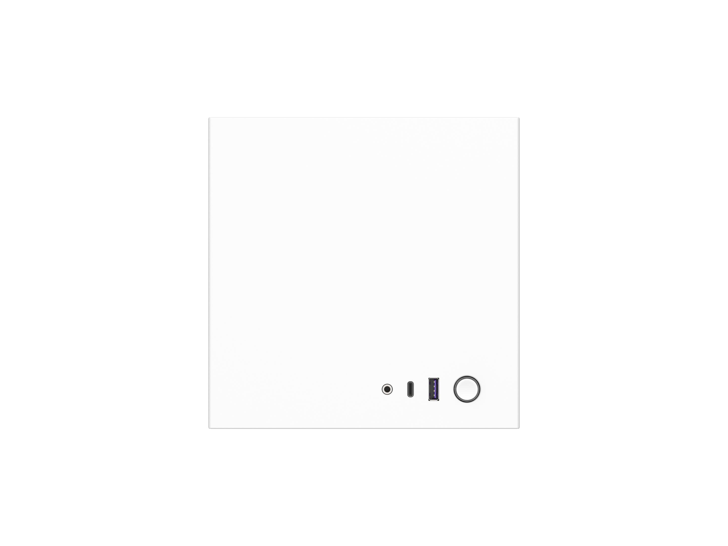 Eine weiße Computergehäusefront mit einigen Anschlüssen und einem Einschaltknopf. Minimalistisches Design.