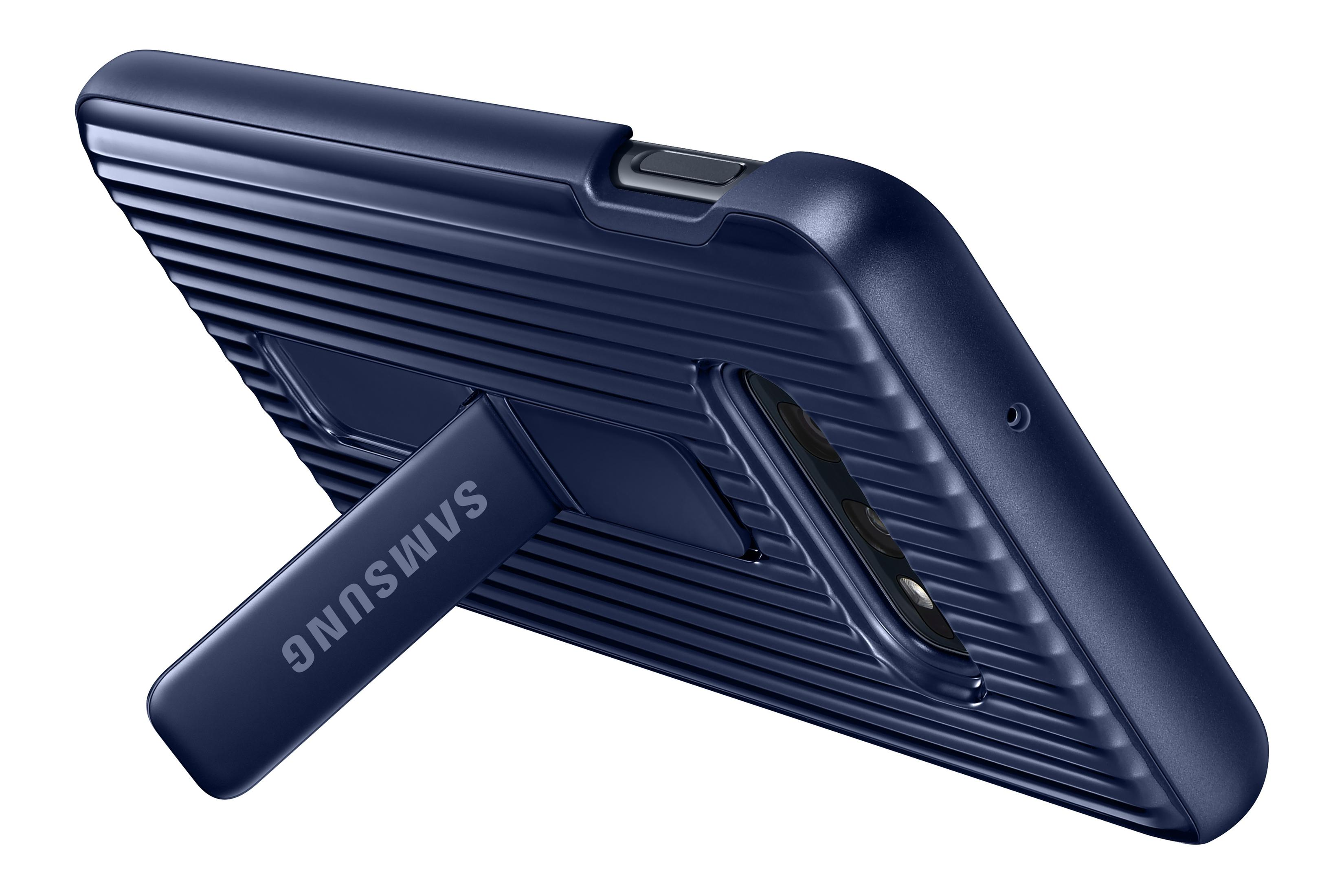 Marineblaue Handyhülle mit Ständer und Telefon darin.