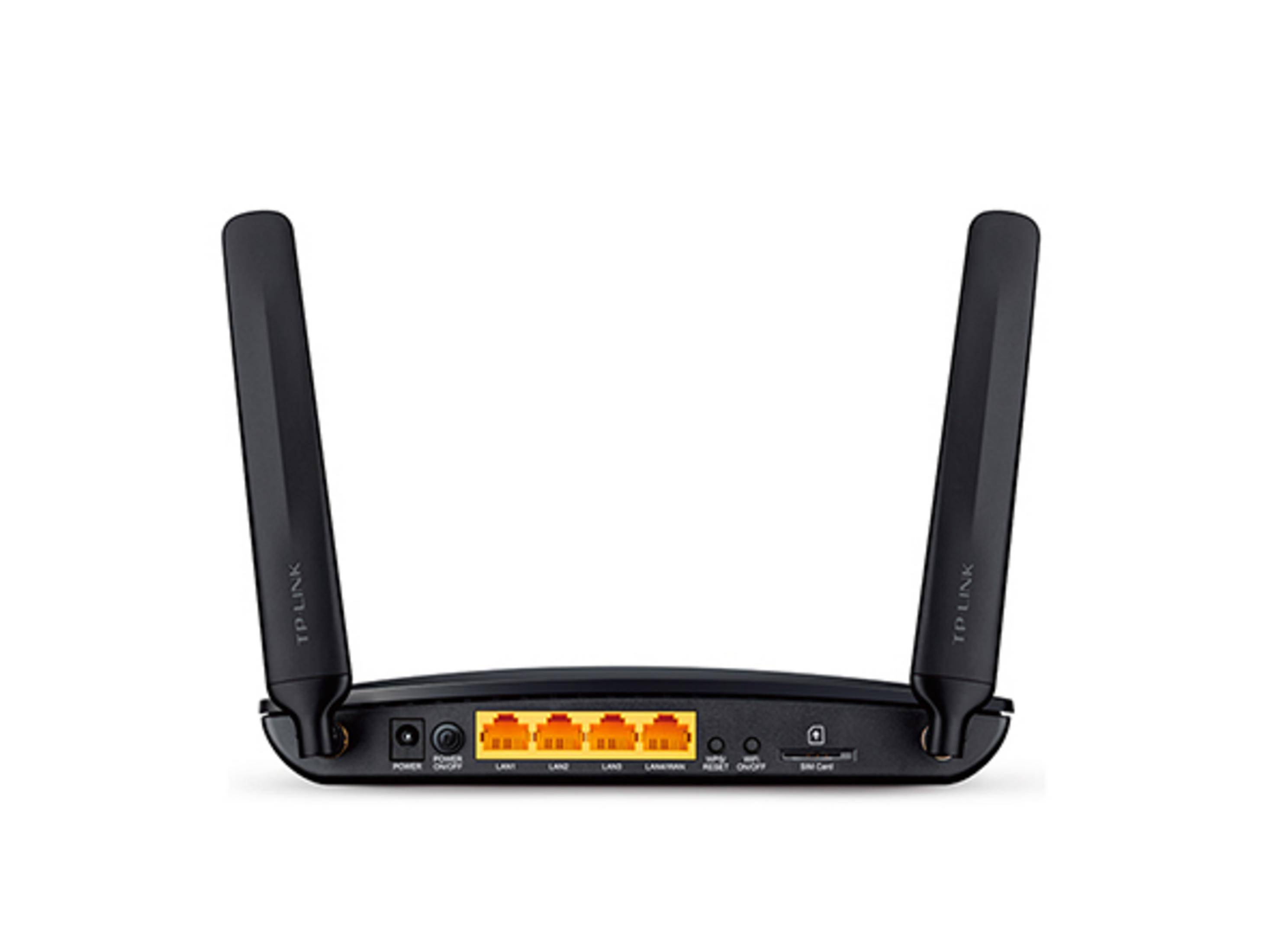 İki antenli ve arkada çeşitli bağlantı noktaları olan siyah bir TP-Link yönlendirici.