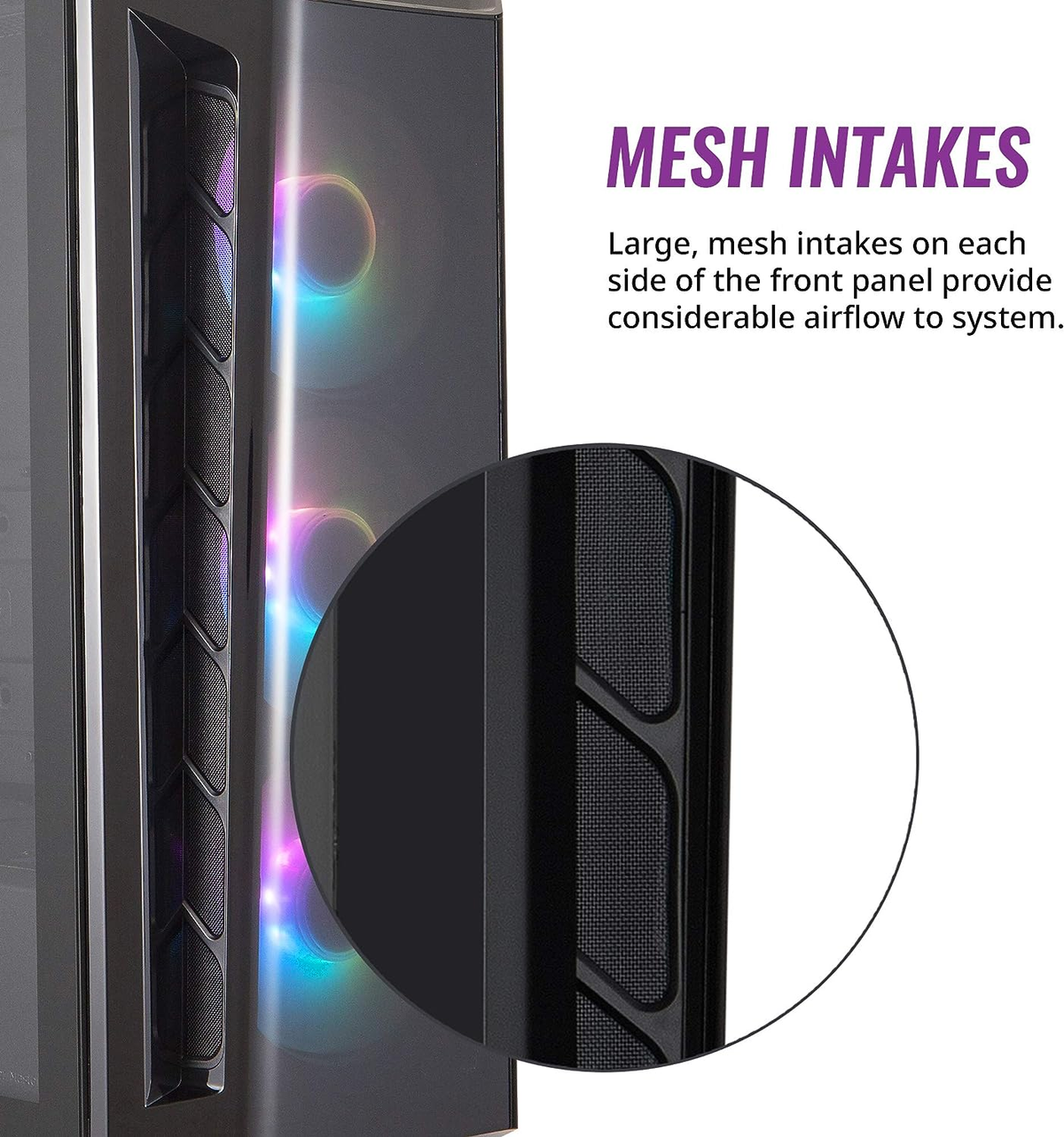 Nahaufnahme eines PC-Gehäuses mit Mesh-Lufteinlässen. Die Einlässe sind schwarz, das Gehäuse dunkel.