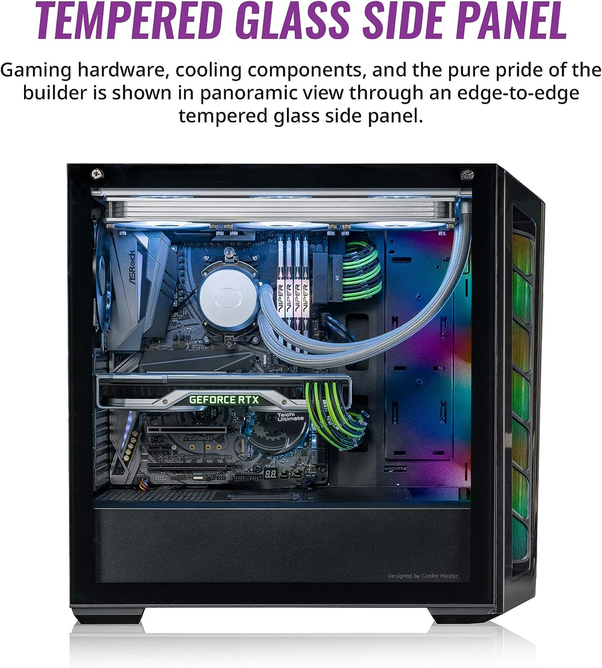 Ein Gaming-Computergehäuse, Innenraum sichtbar. Es hat bunte Lichter und Komponenten.