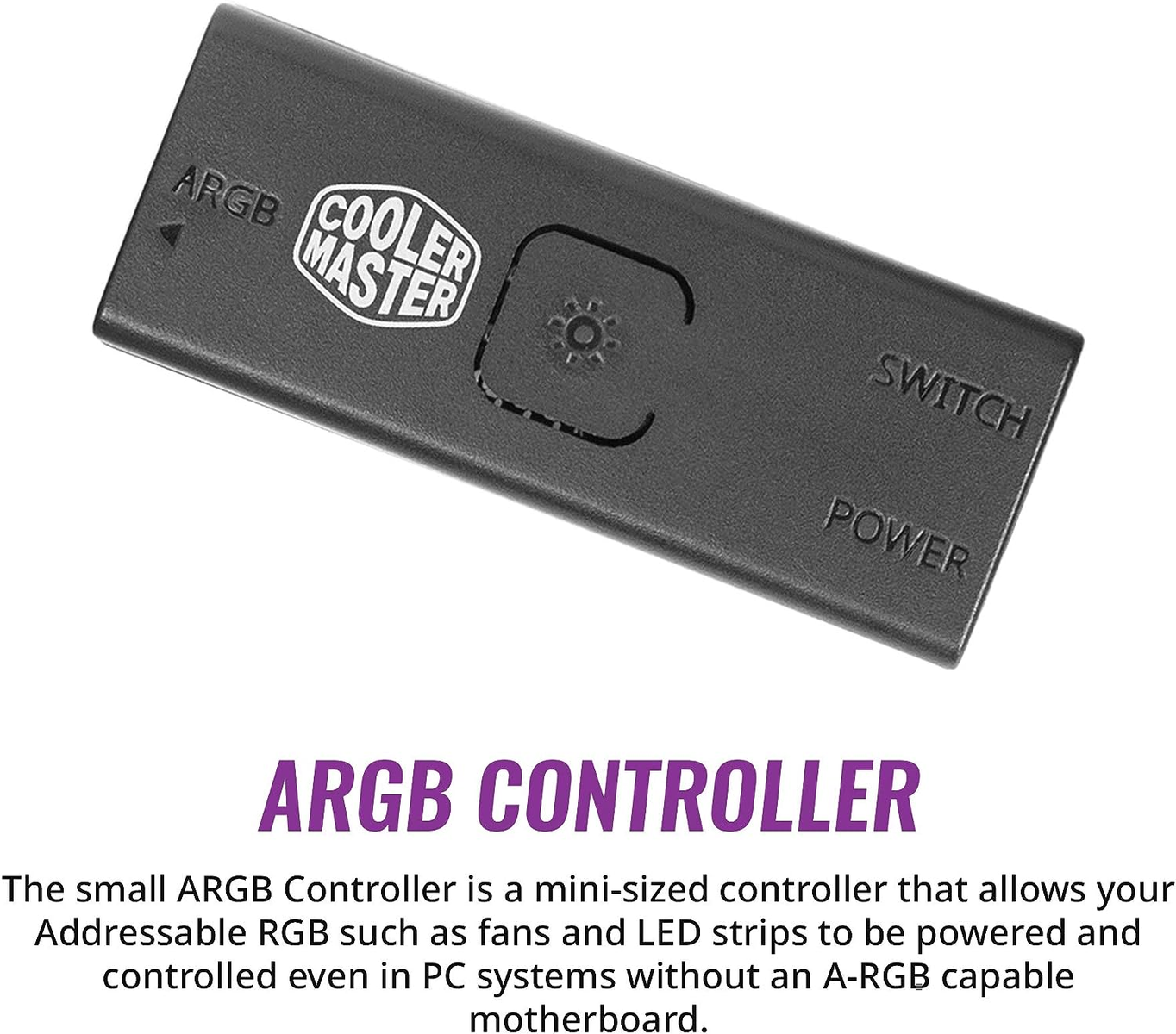 Ein schwarzer ARGB-Controller mit dem Cooler Master-Logo und Text wird angezeigt. Weißer Hintergrund.
