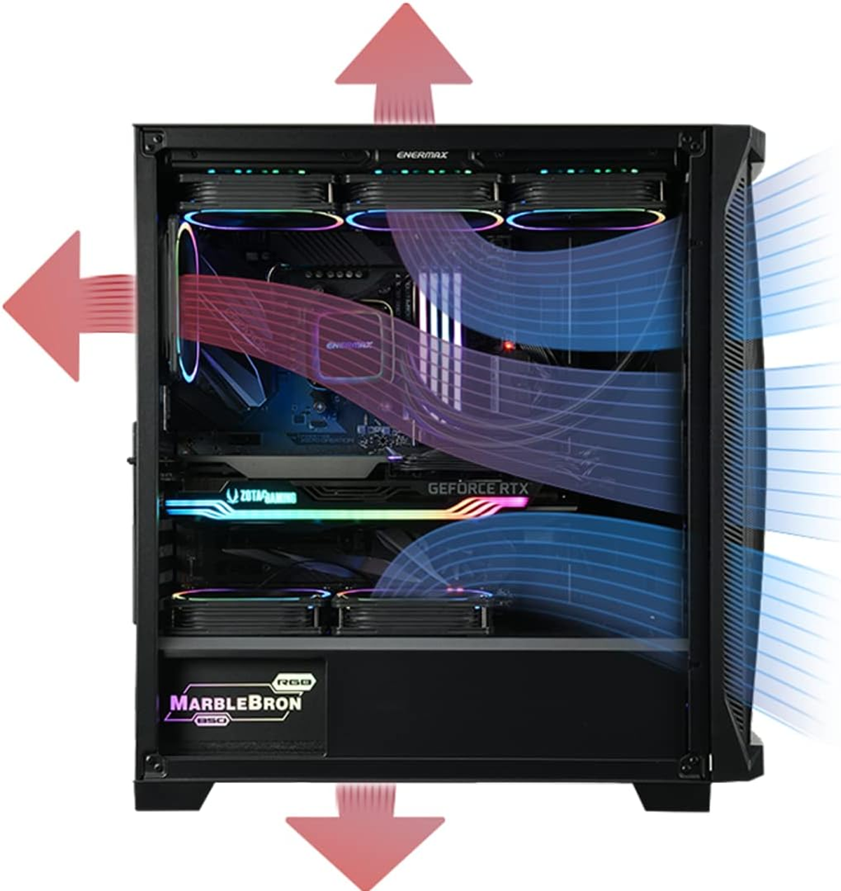 Offenes Computergehäuse mit Komponenten. Rote und blaue Luftstrompfeile.