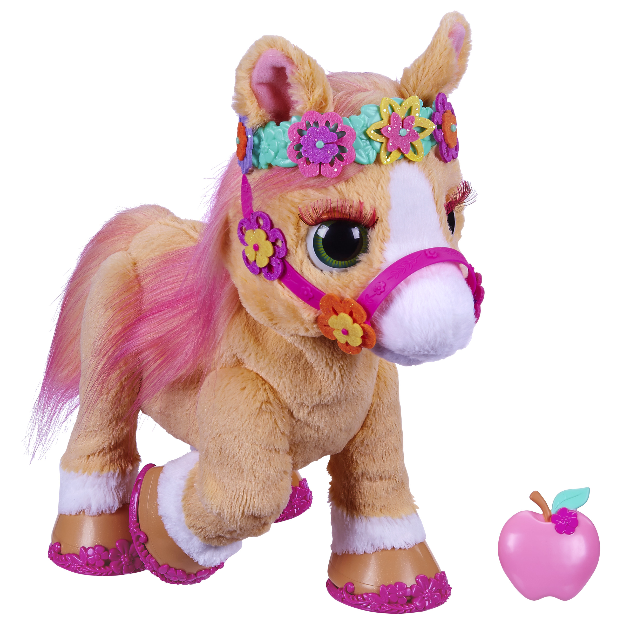 Un caballo de juguete con pelo rosa, una corona de flores y una manzana rosa de juguete.