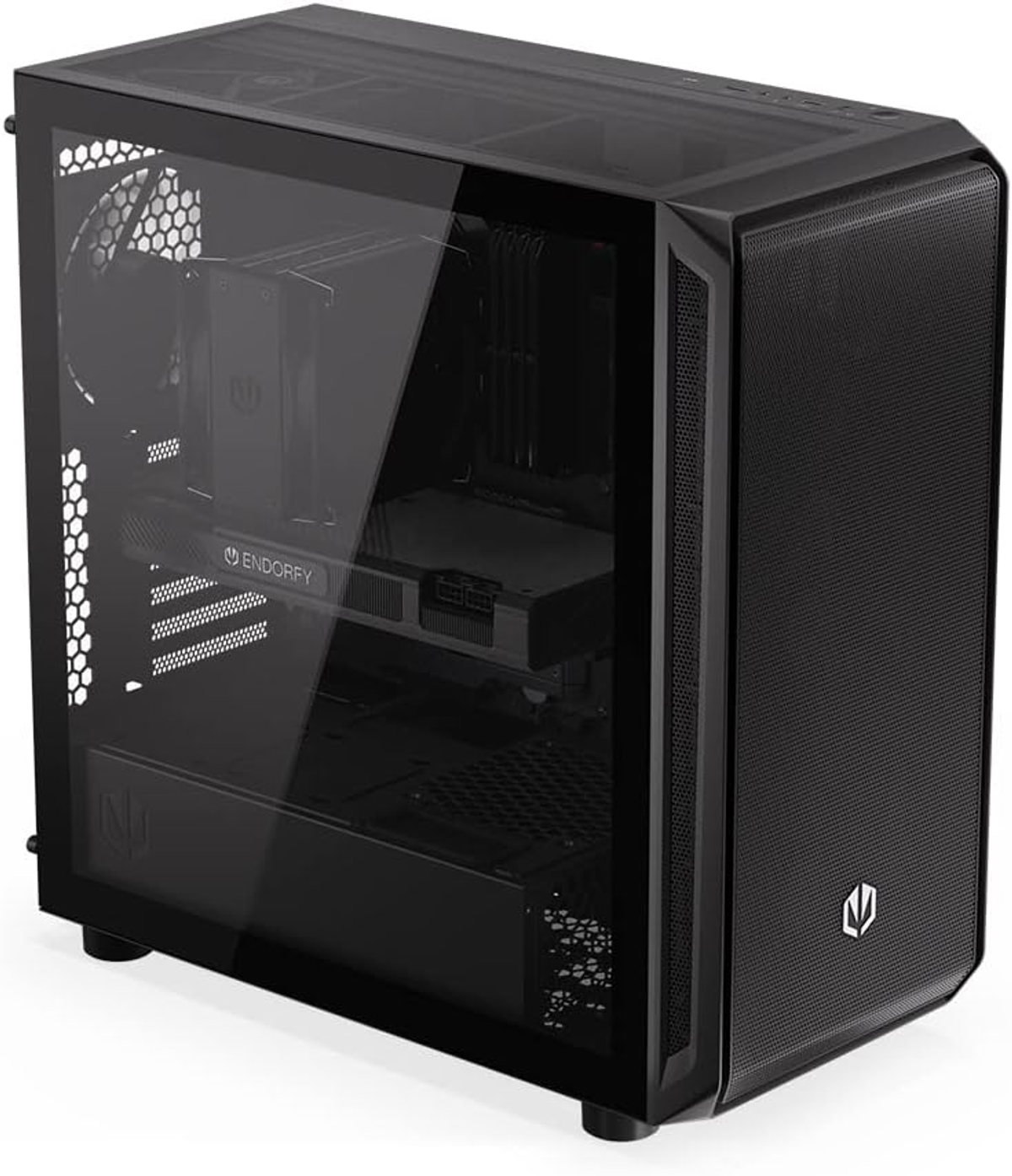 Czarna obudowa komputera z szklanym panelem bocznym. W środku widoczne są komponenty.
