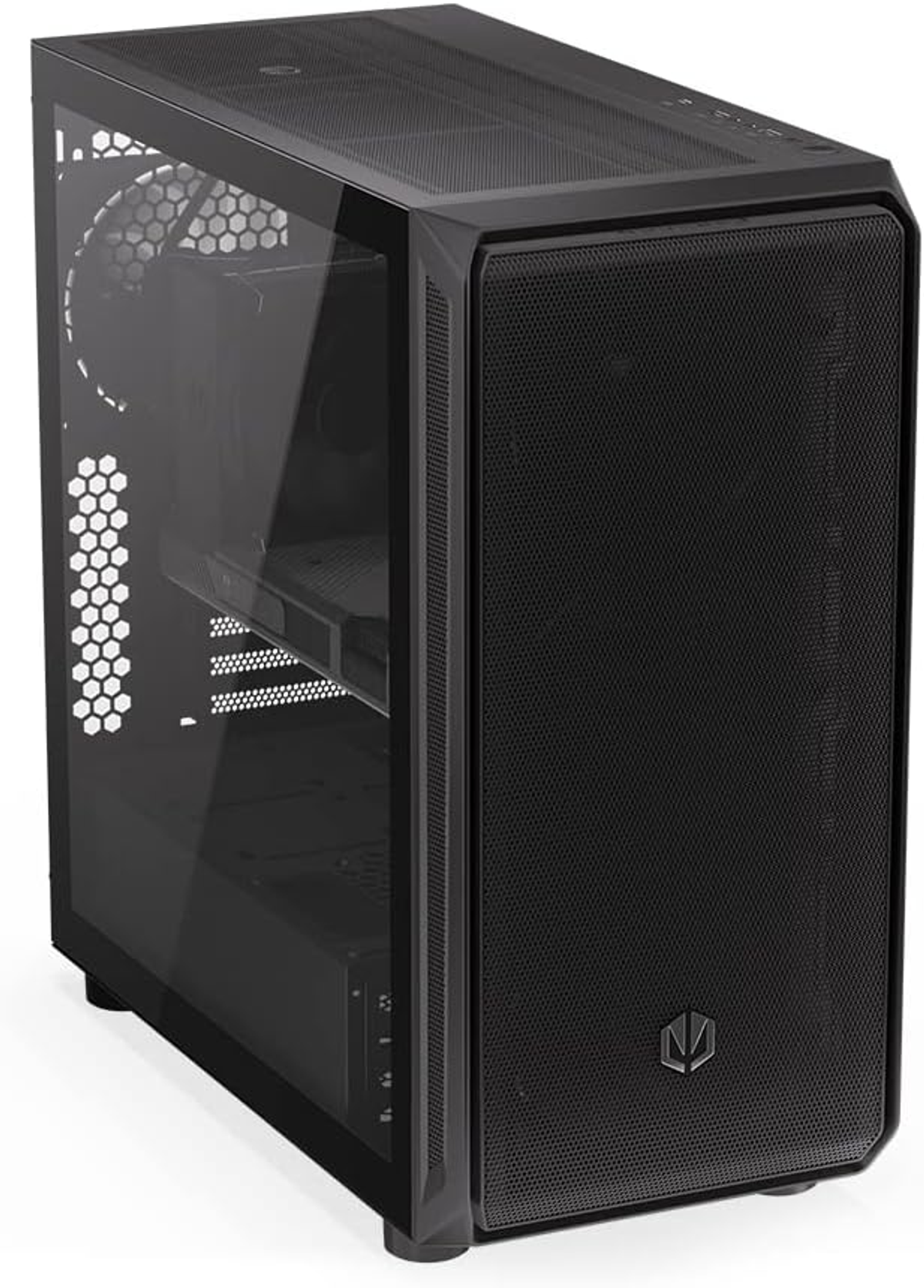 Czarna obudowa komputera. Szklany panel boczny, siatkowy przód, widoczne komponenty w środku.