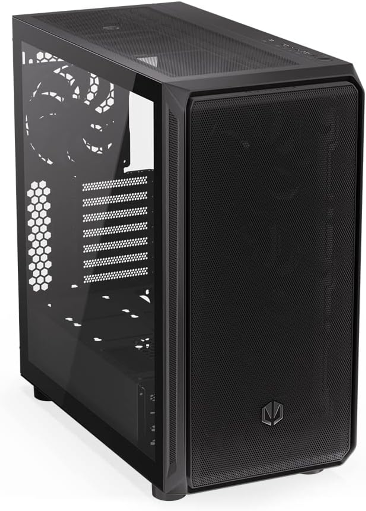 Czarna obudowa komputera z siatkowym przodem i przezroczystym panelem bocznym, pokazującym komponenty.
