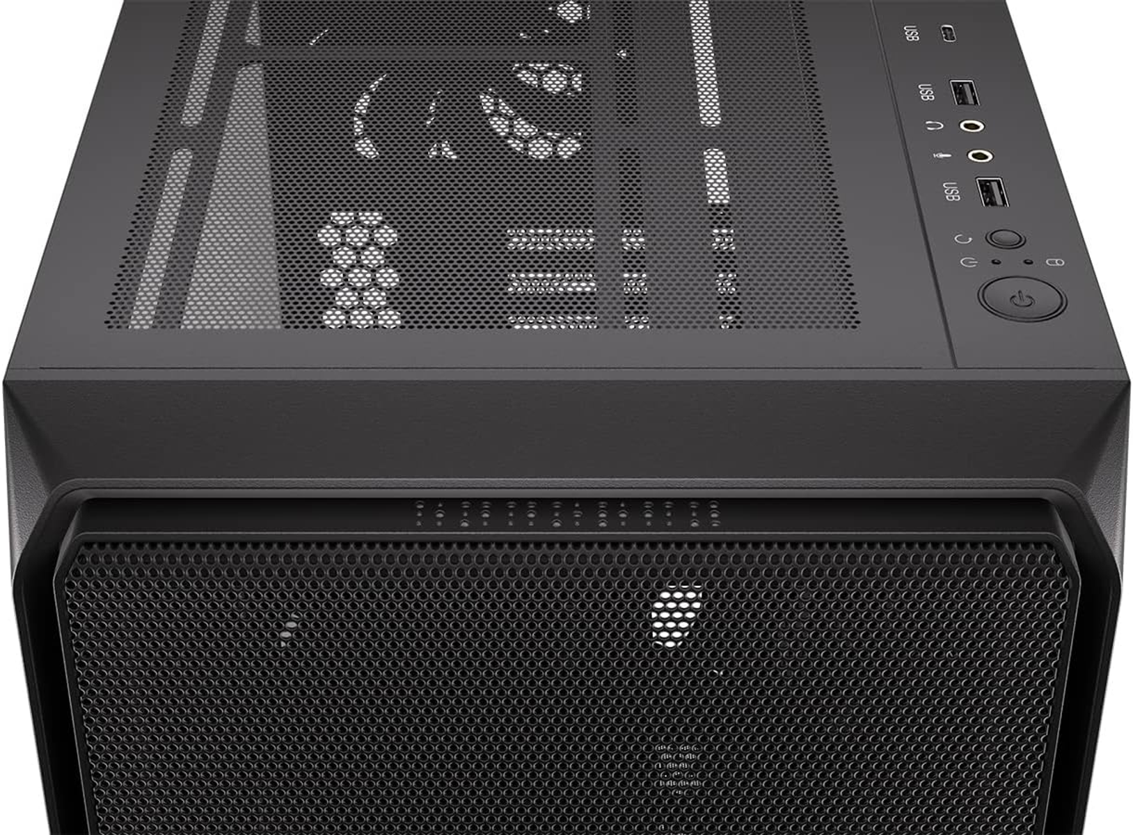 Czarna obudowa komputera z siatkowym przodem i szklanym blatem.