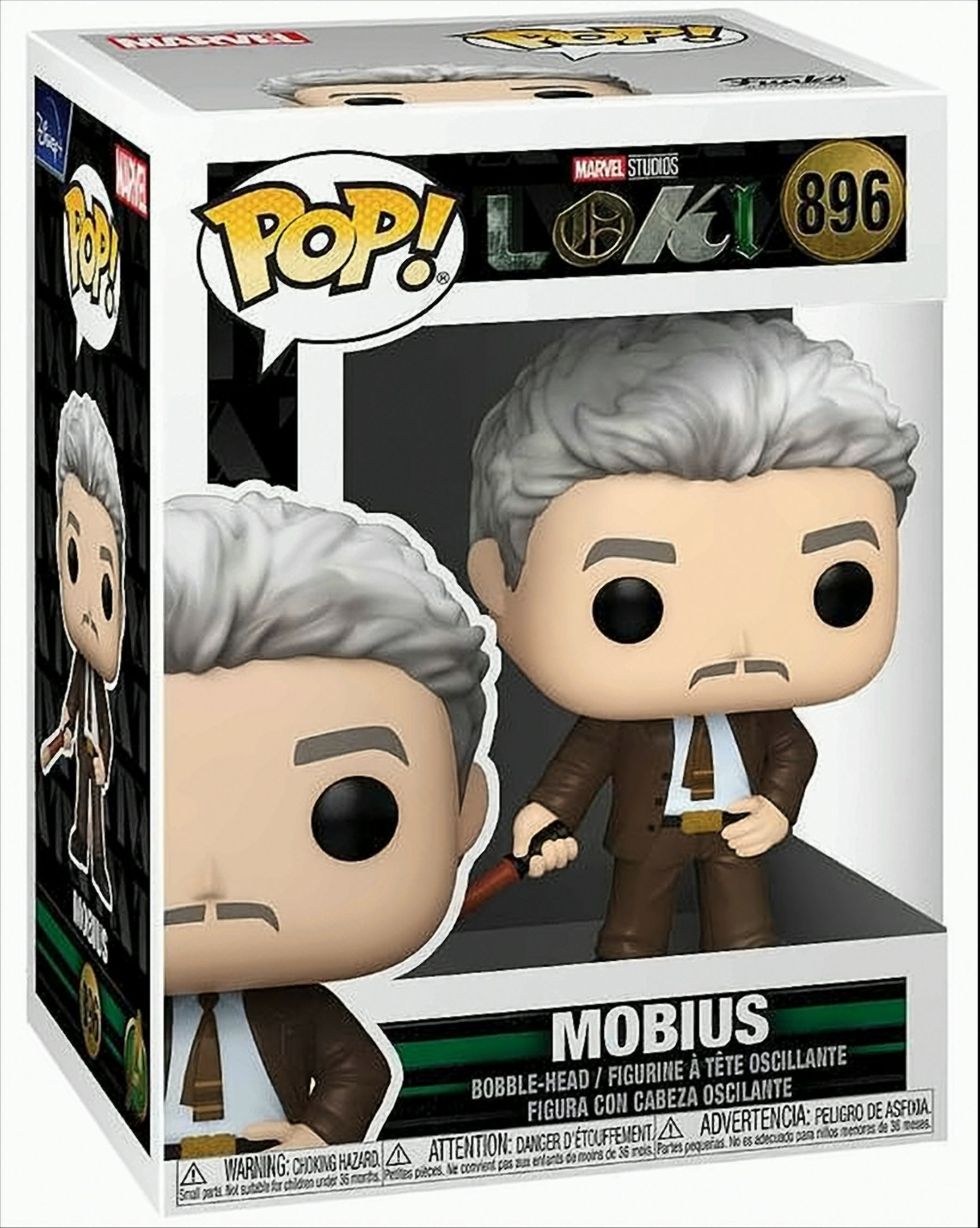 Eine Funko Pop! Box einer Mobius-Figur von Marvel Studios, mit einer Figur darin.