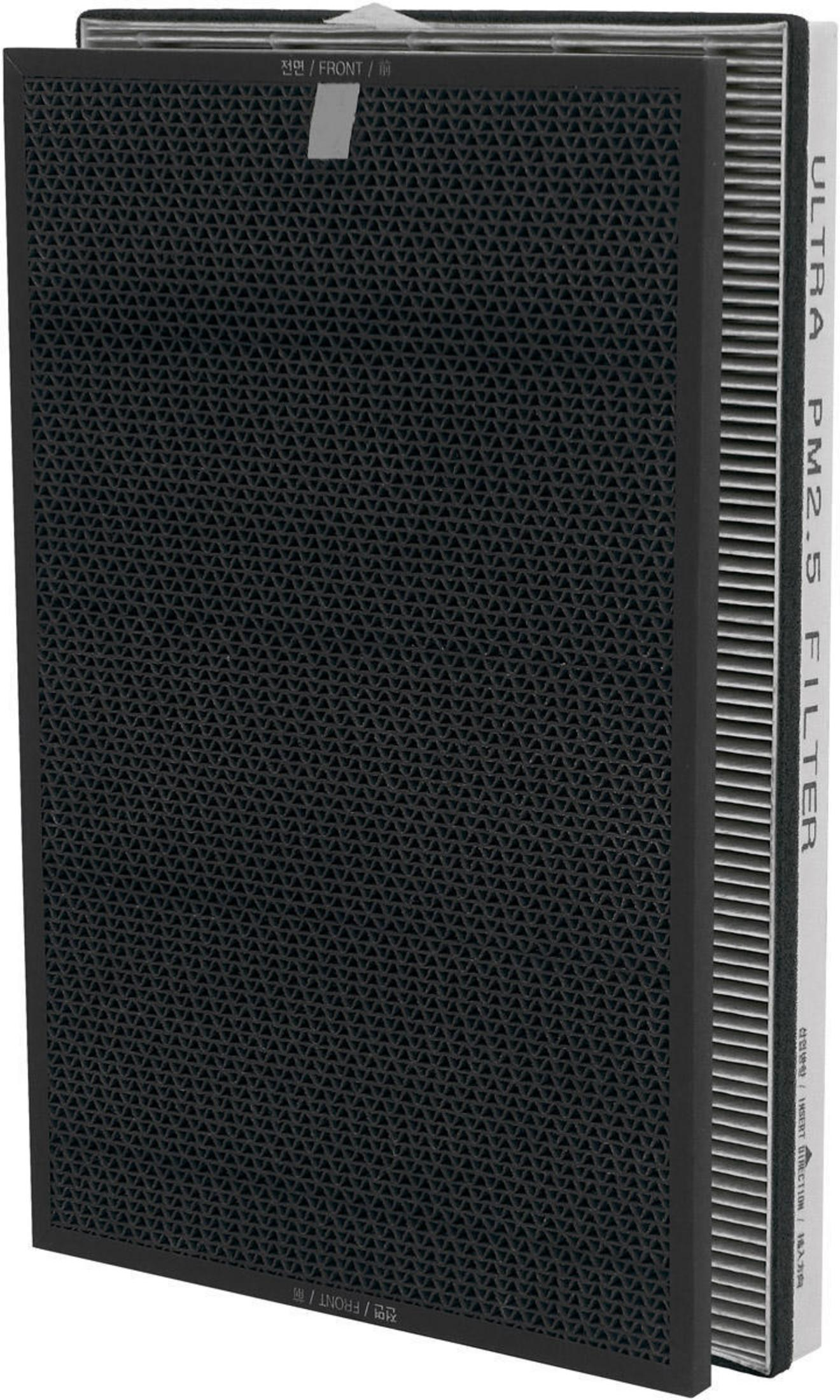 Luftfilter mit schwarzem Netz und weißem PM2.5-Filter. Vorder- und Rückseite beschriftet. Weißer Hintergrund.