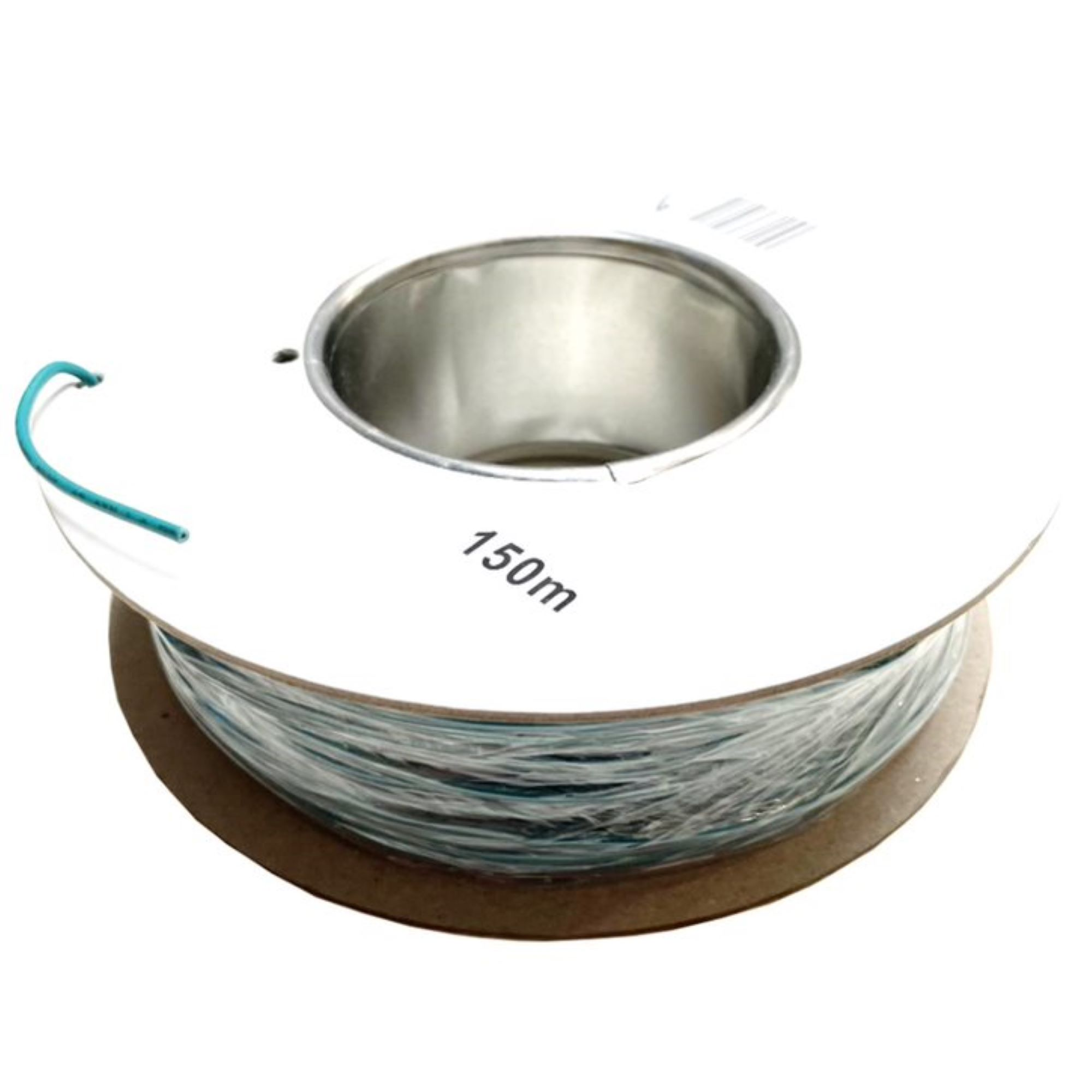 Een witte spoel draad met een label met 150 m. Een klein stukje blauwgroen draad steekt uit.