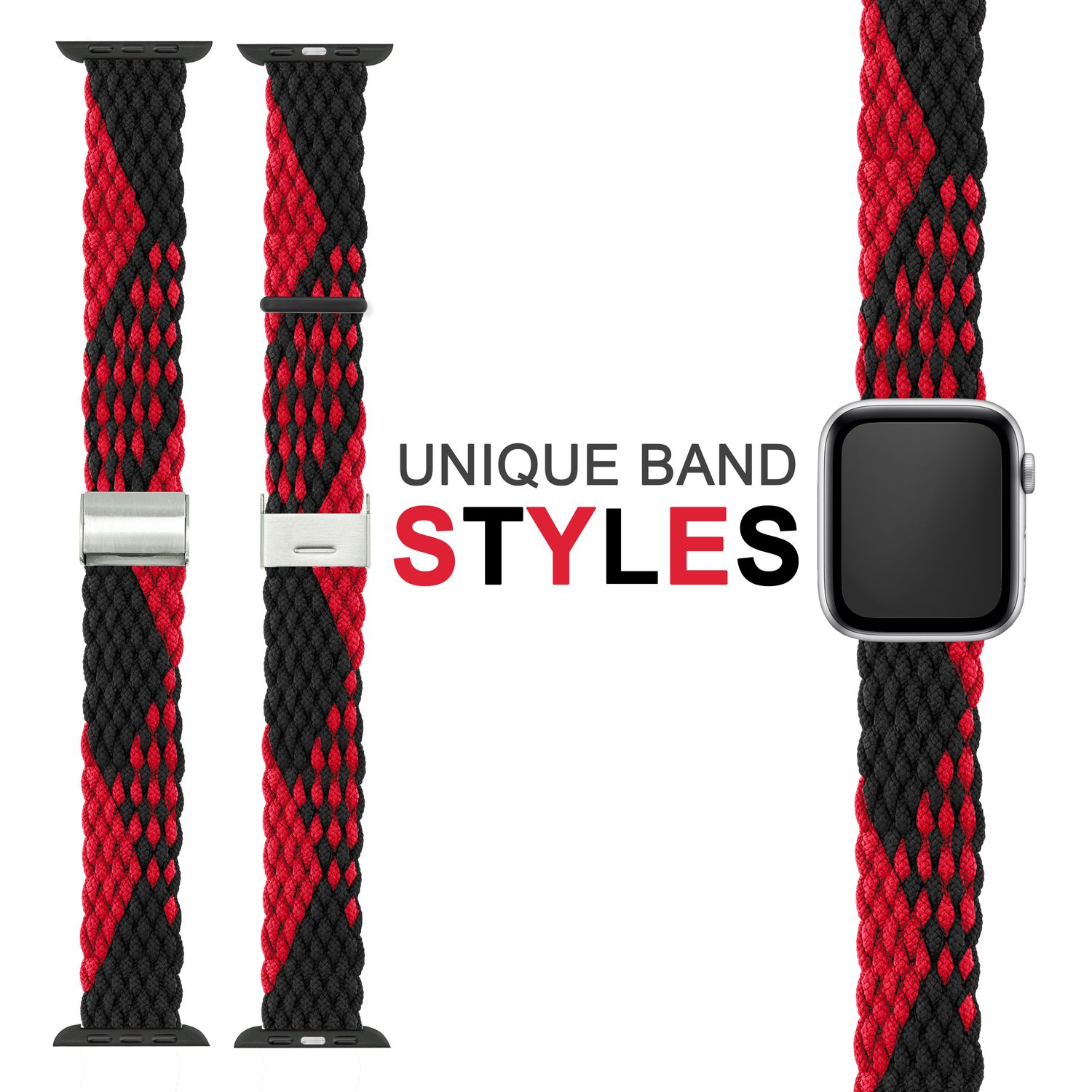 Geflochtene Uhrenarmbänder in Rot und Schwarz, weißer Hintergrund.