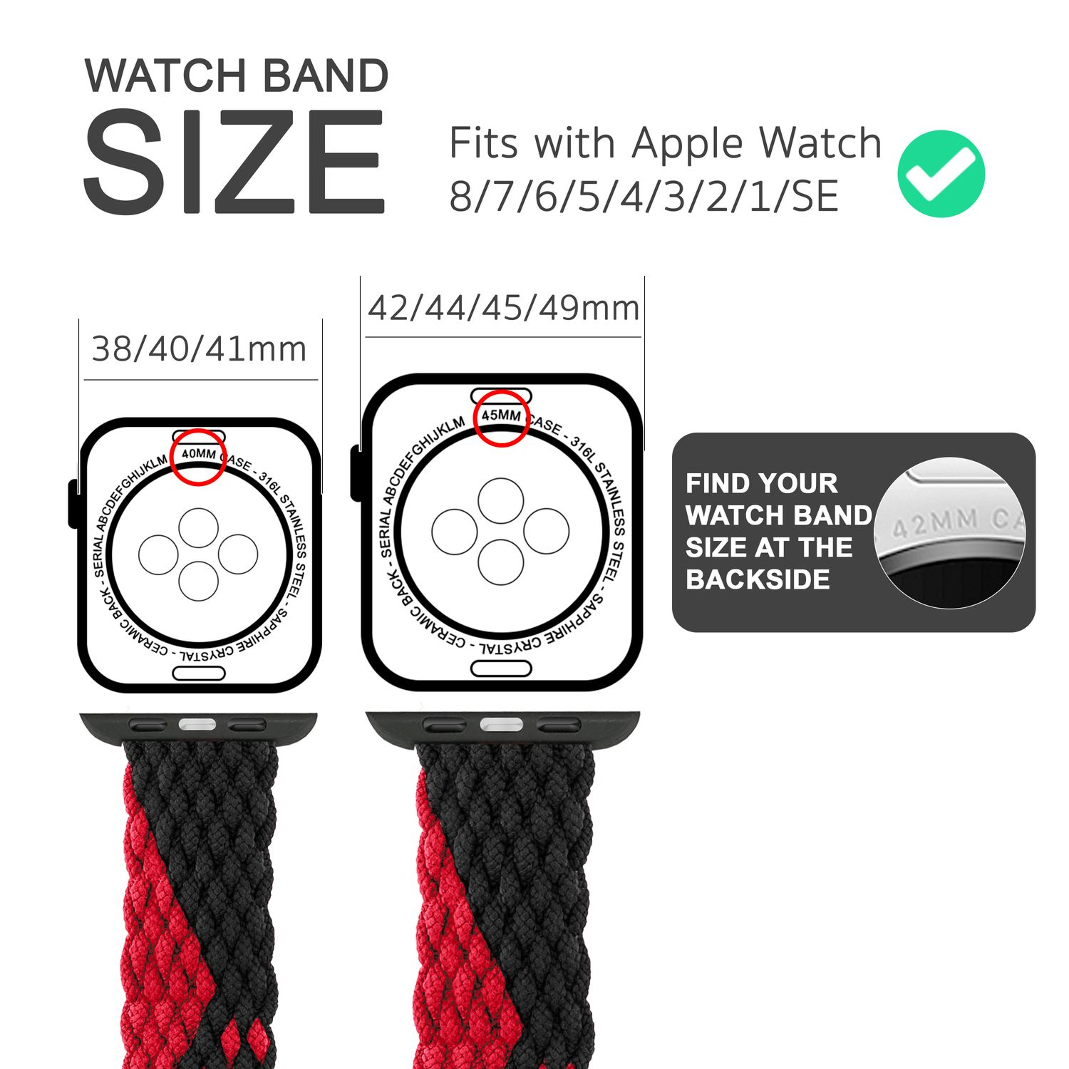 Diagramm der Uhrenarmbandgrößen, zwei Uhren mit verschiedenen Bandgrößen, weißer Hintergrund.