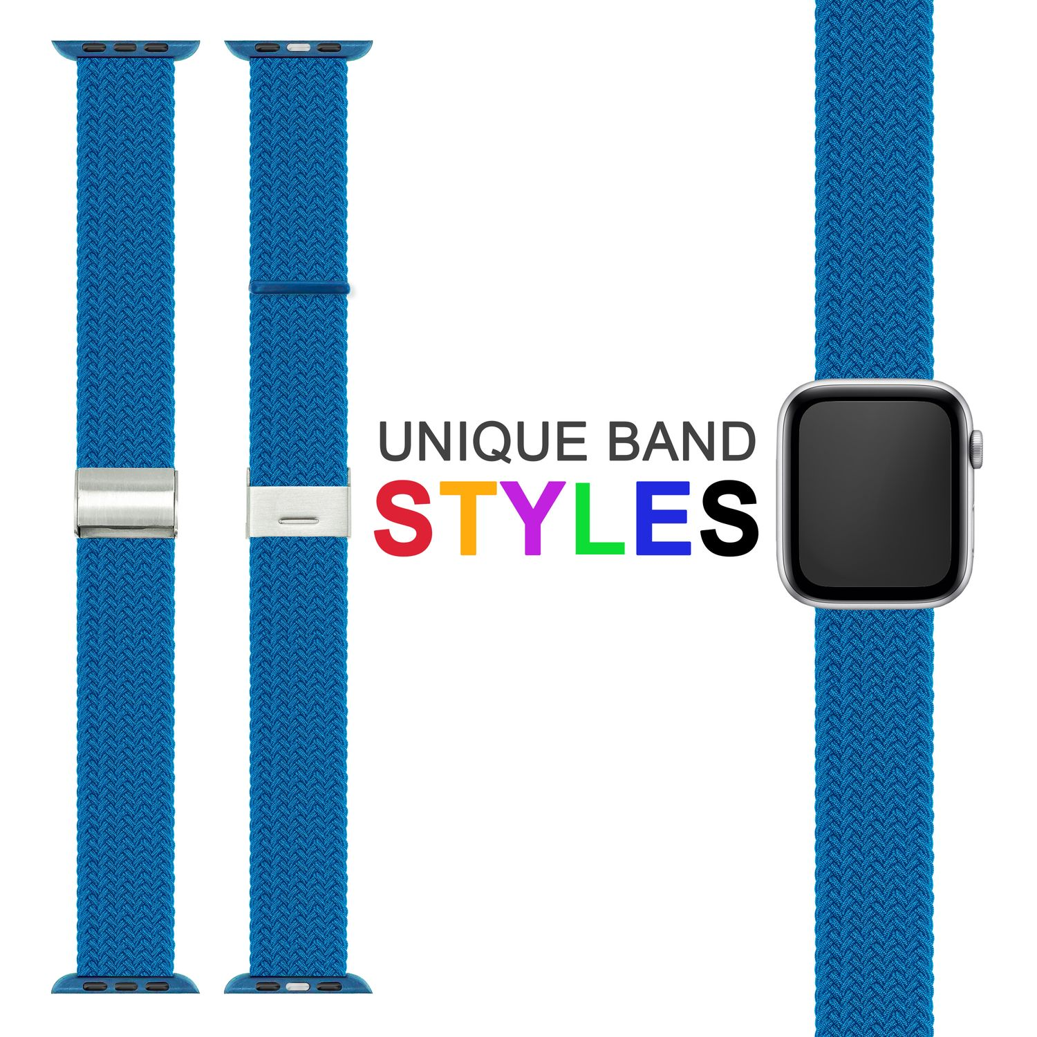 Blaue gewebte Apple Watch Armbänder mit silbernen Verschlüssen. Der Text 'UNIQUE BAND STYLES' ist auch angezeigt.