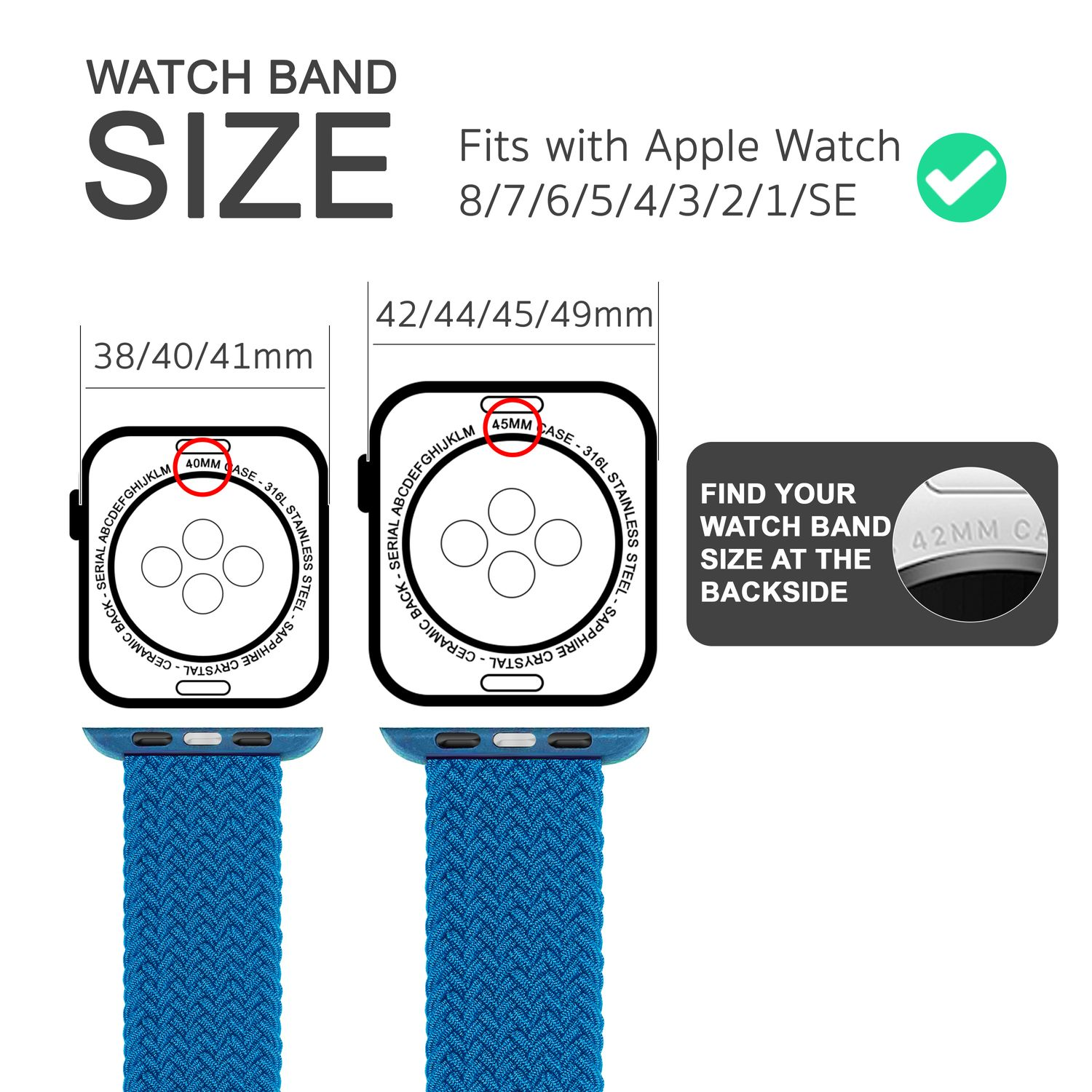 Das Bild zeigt eine Apple Watch-Größenübersicht mit Uhren- und Armbandgrößen. Text zeigt Kompatibilität mit verschiedenen Apple Watch-Modellen.