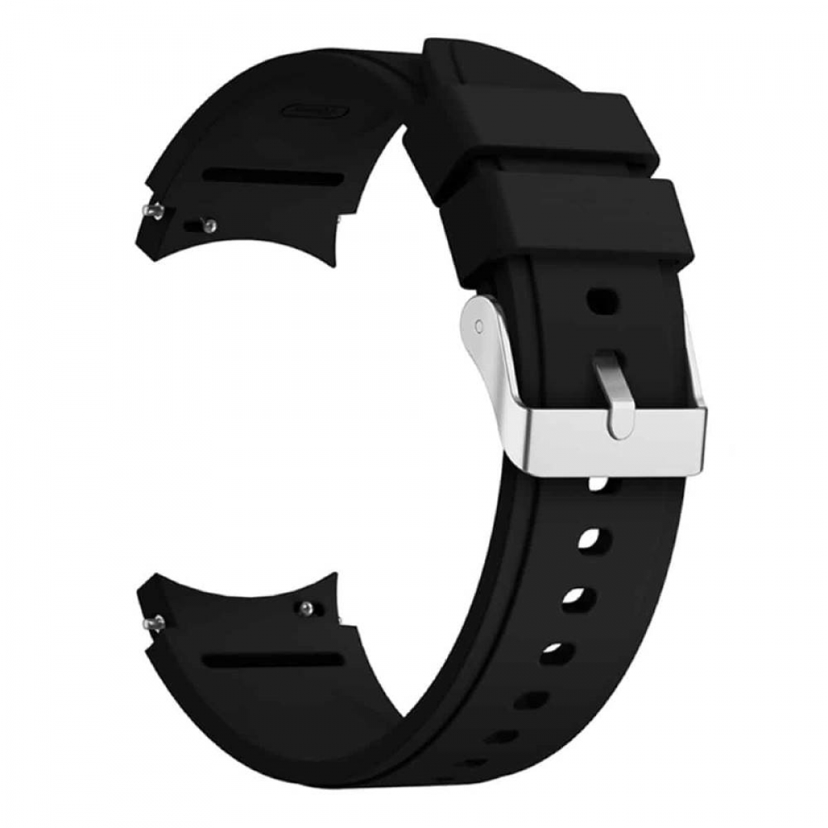 Schwarzes Uhrenarmband mit silberner Schnalle. Das Armband besteht aus Gummi.
