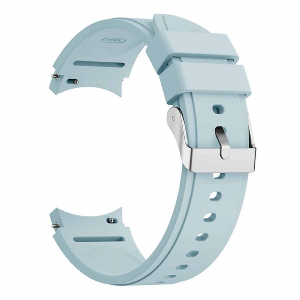 Hellblaues Uhrenarmband mit silberner Schnalle. Es ist ein gebogenes Band.