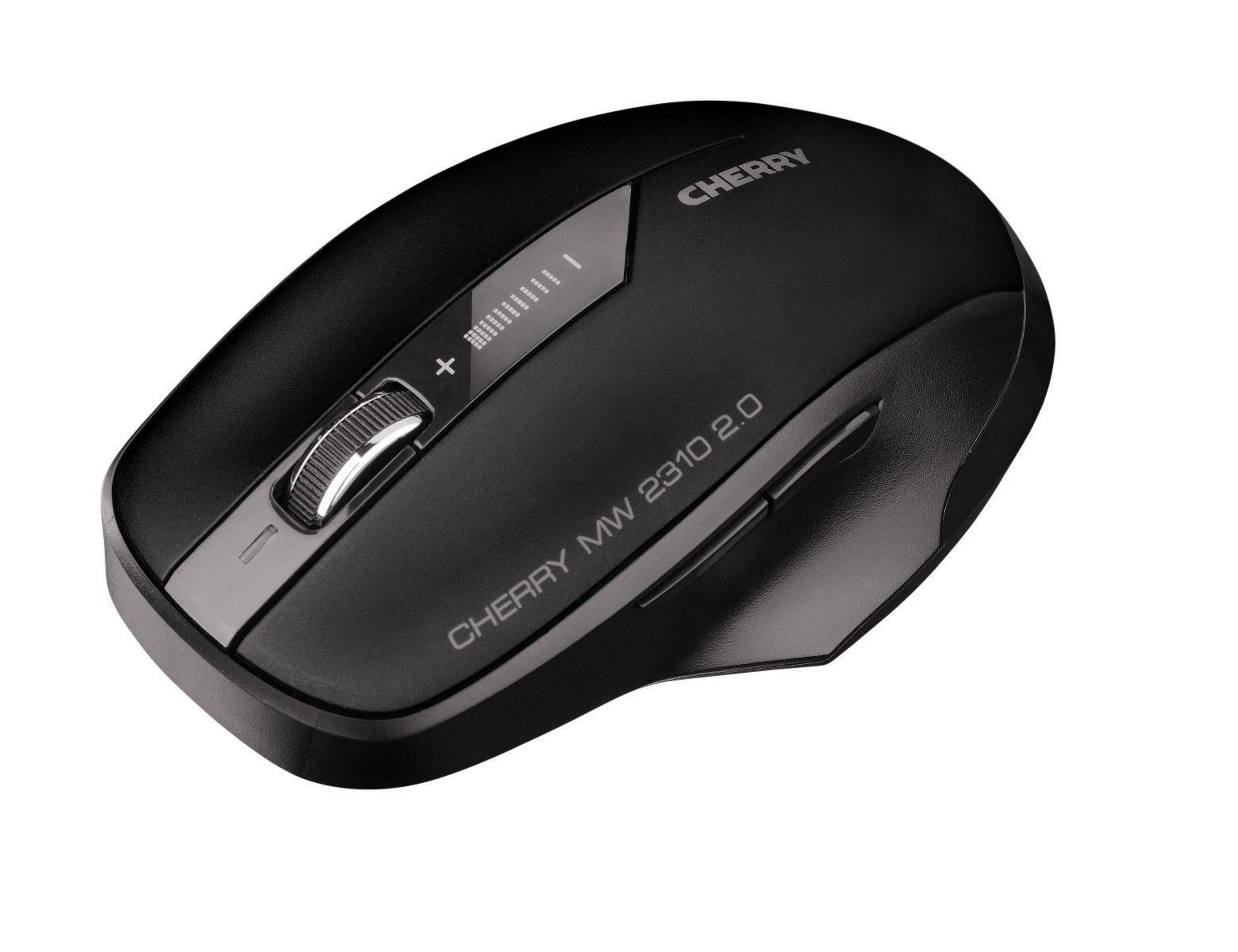 Black Cherry mouse. It has a scroll wheel and a plus/minus button for volume adjustment.