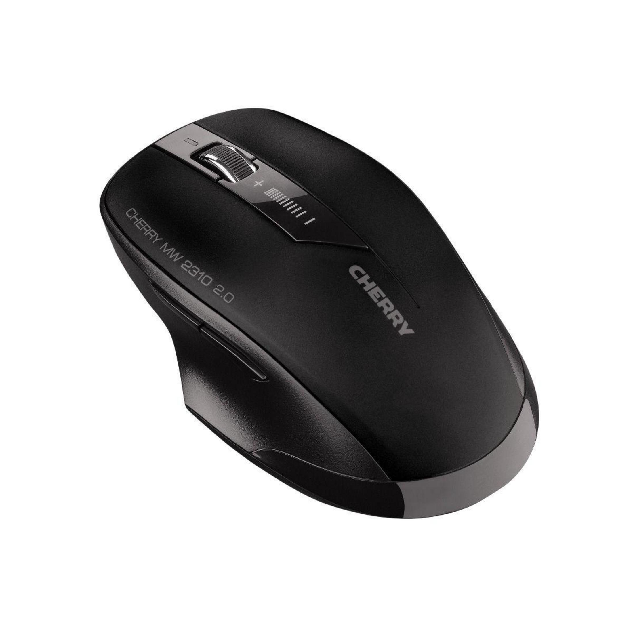 Black wireless mouse on white. Features Cherry MW 2310 2.0. Has scroll wheel and Cherry logo.
