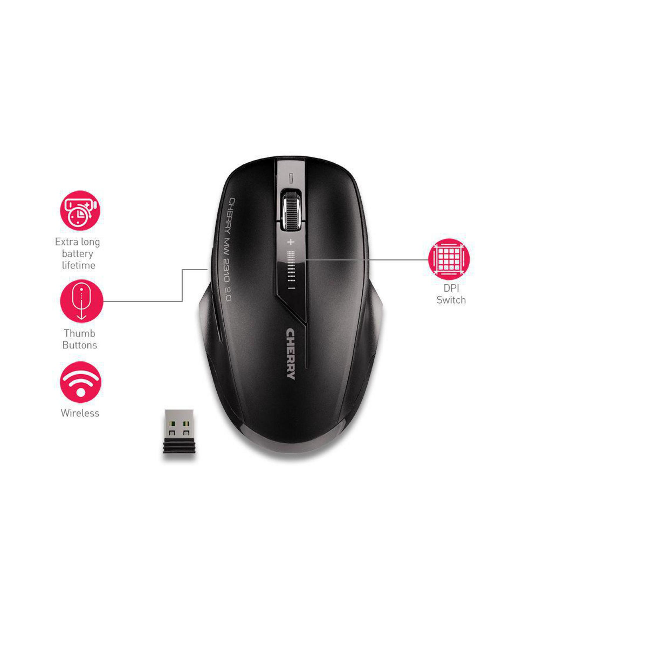 Black wireless mouse with buttons and features labeled. USB receiver present.