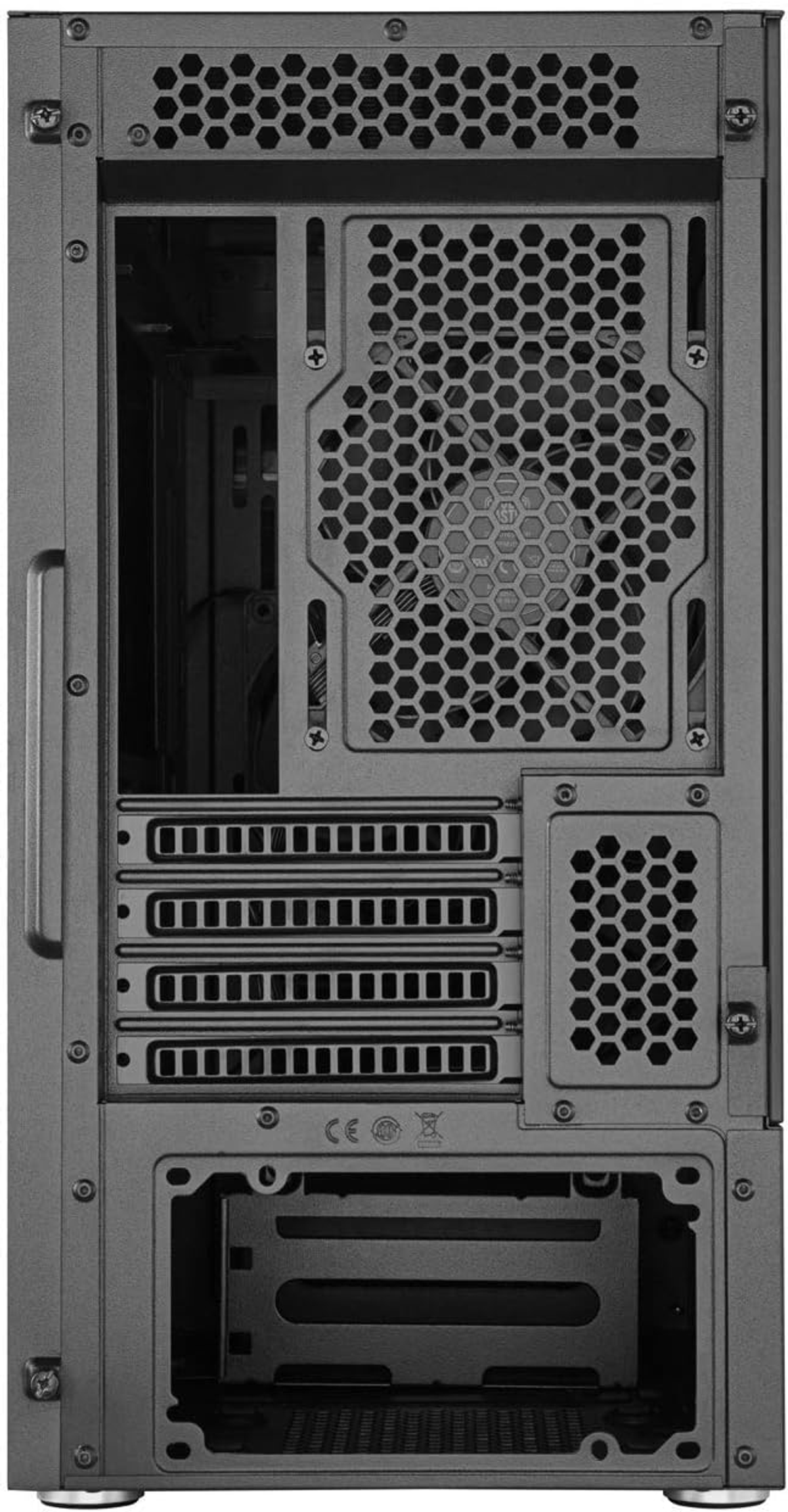 Retro di un case per computer. Ha una ventola, aperture e slot per schede.