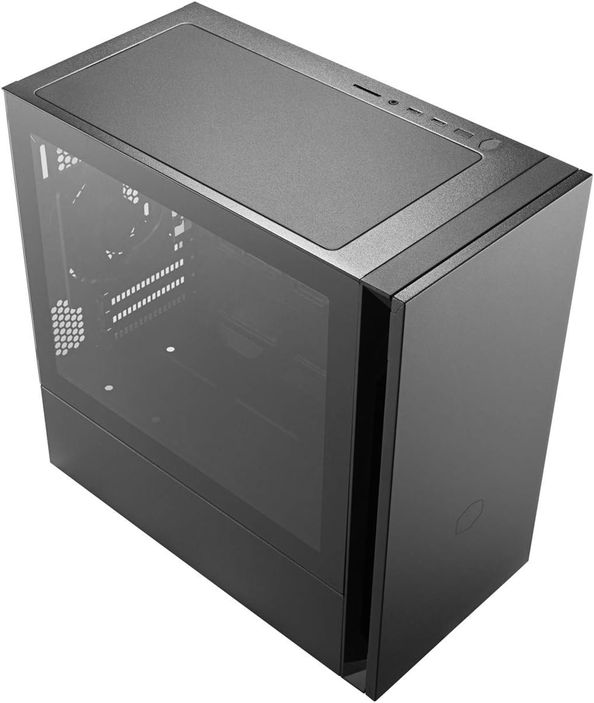 Case nero per computer, vista dall'alto, con pannello in vetro e porte.