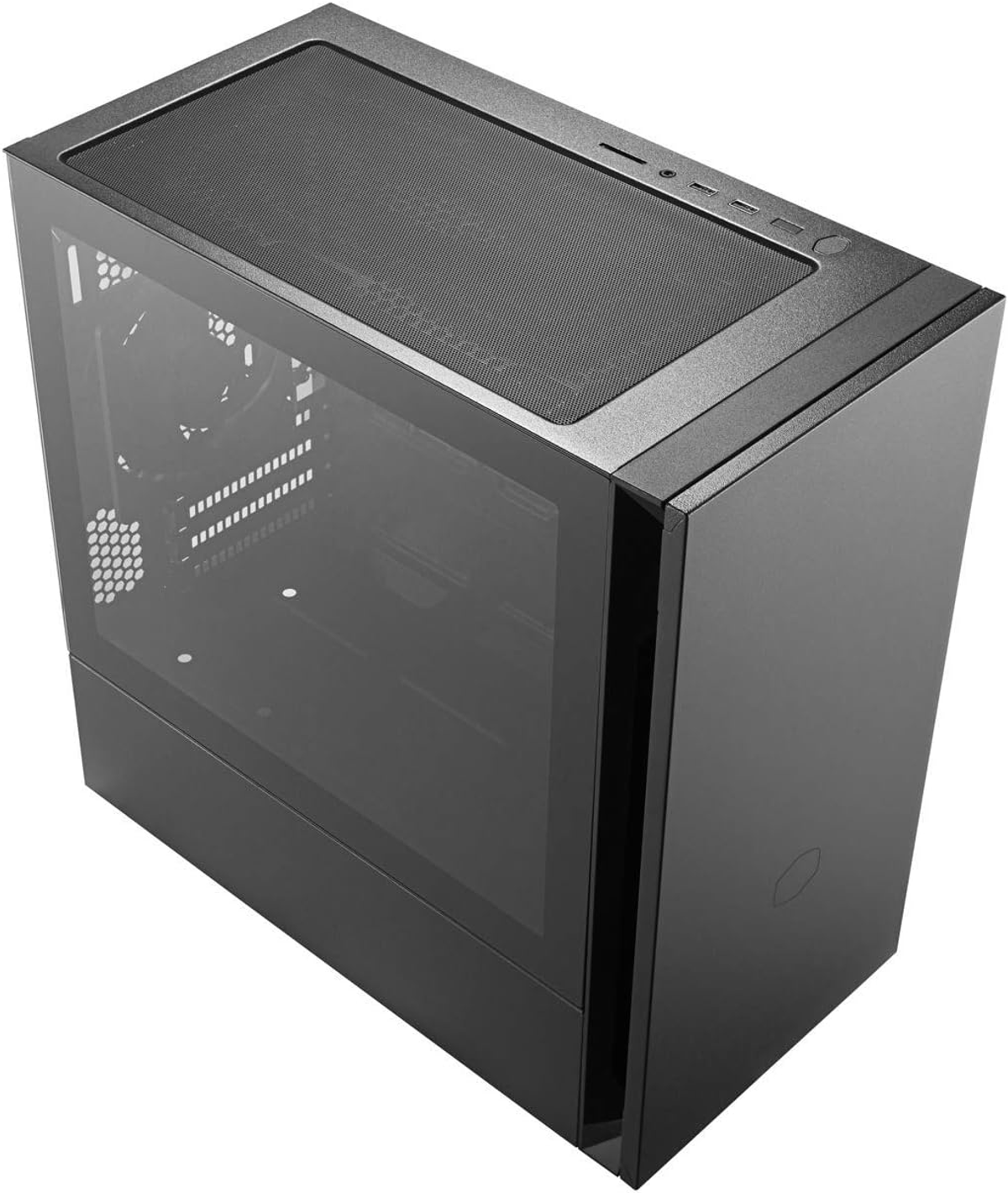 Case per computer nero con pannello laterale trasparente. La parte superiore ha una ventilazione.