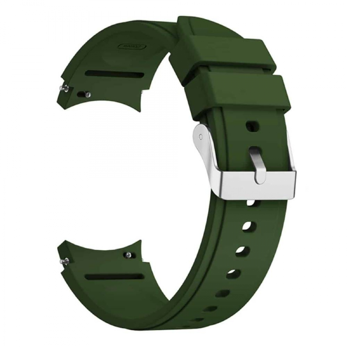 Grünes Uhrenarmband mit silberner Schnalle. Isoliert auf Weiß. Das Armband ist gebogen.