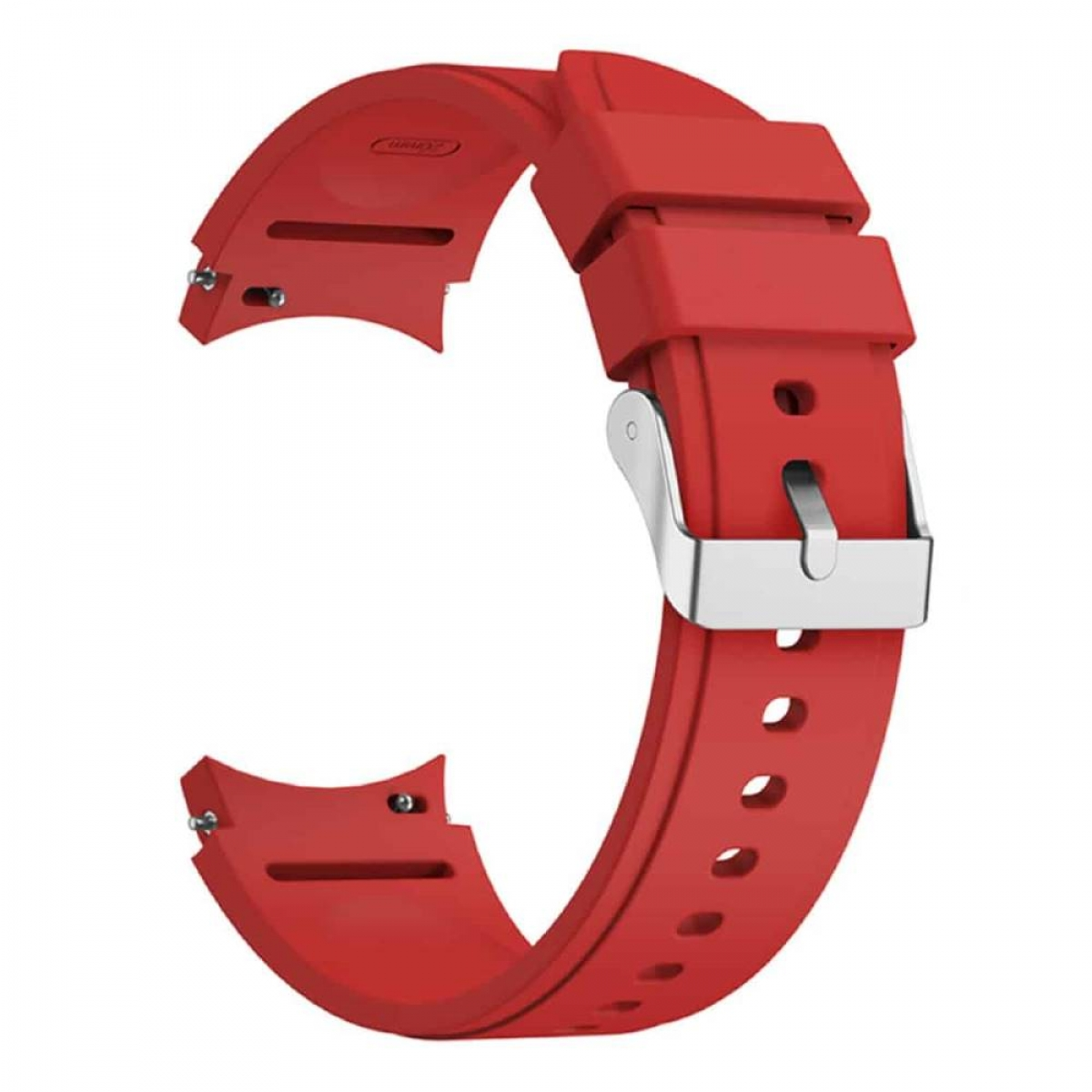 Ein rotes Uhrenarmband mit silberner Schnalle auf weißem Hintergrund. Gebogen und einsatzbereit.