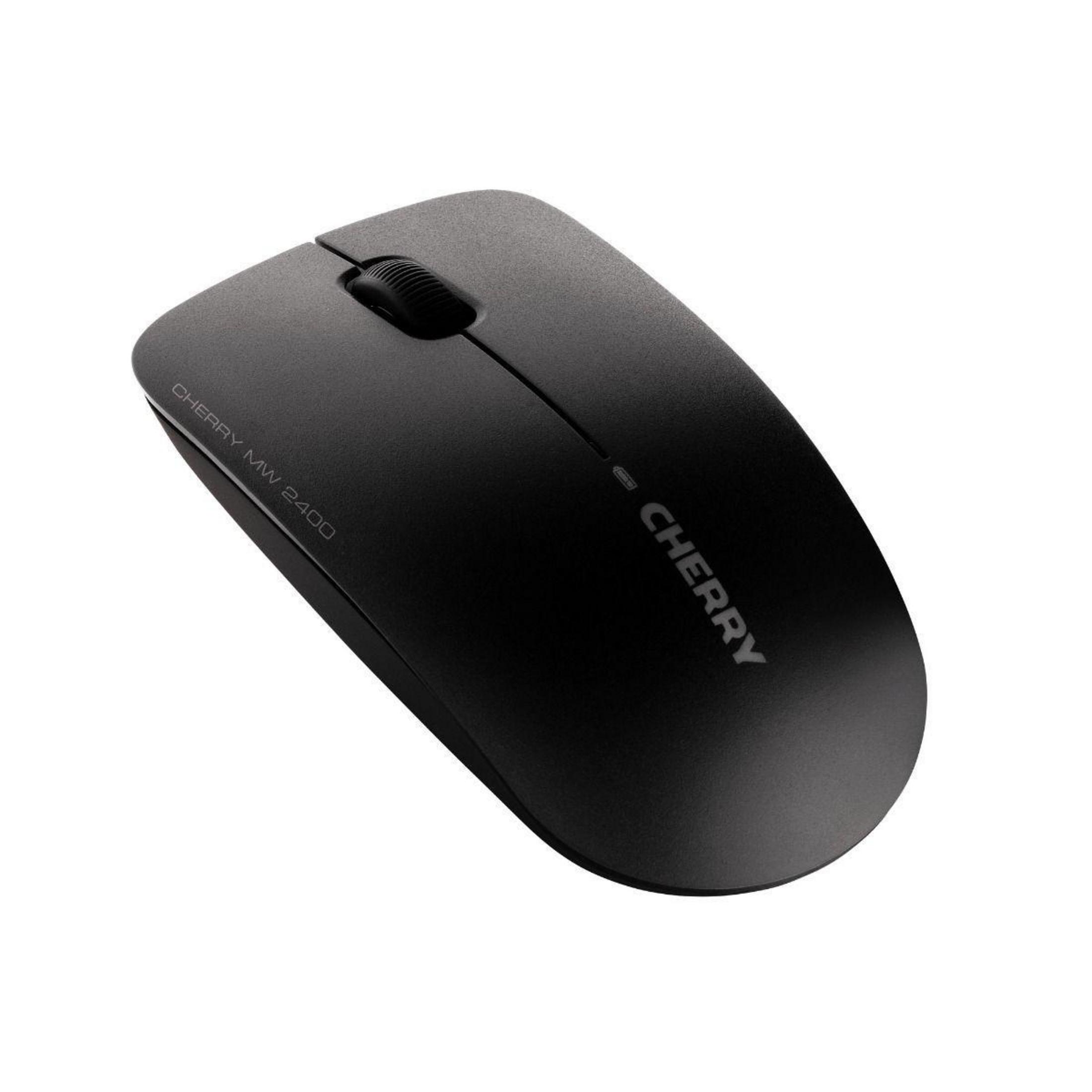 Een zwarte CHERRY draadloze muis, iets naar rechts gekanteld.