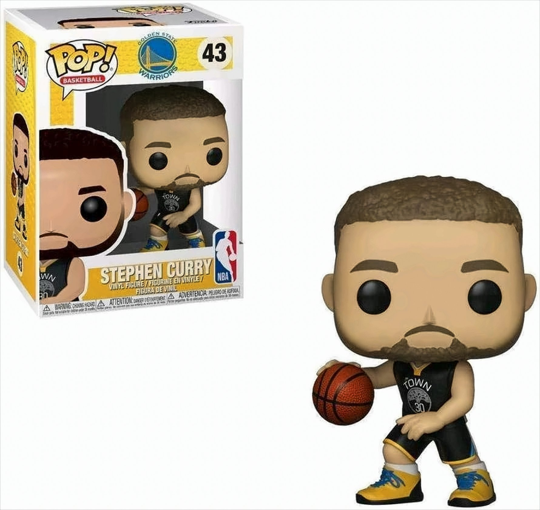 Figura Funko Pop di Stephen Curry con pallone da basket. La scatola mostra la figura e il logo.